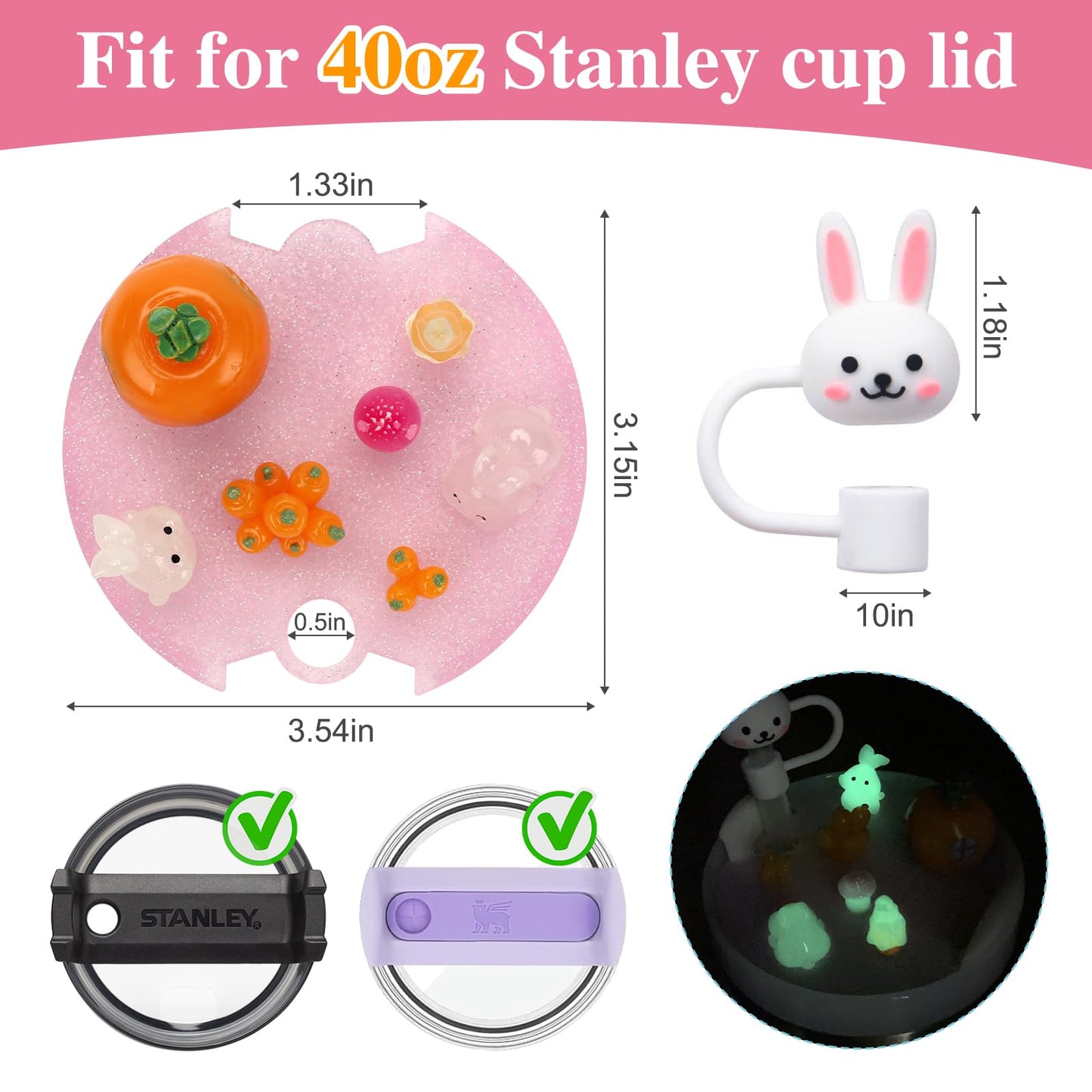 Stanley Cup Lid Accessories for 40oz H2.0, Topper Decoration Charms with Silicone Straw Cover, Cute Tumbler Accessories