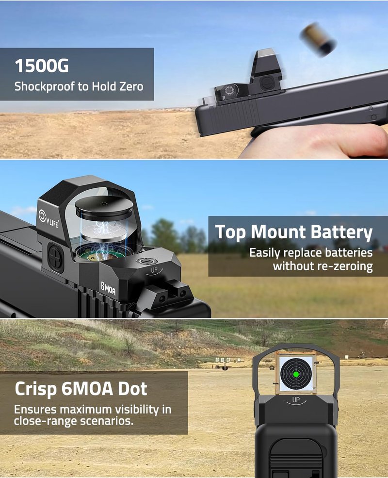 CVLIFE WolfCovert Motion Awake 6 MOA Pistol Green Dot Sight for RMR, 1.1" Large Lens Red Dot Scope for Full-Sized Pistols, Open Reflex Optics Sight with Adapter for MOS & 21MM Picatinny
