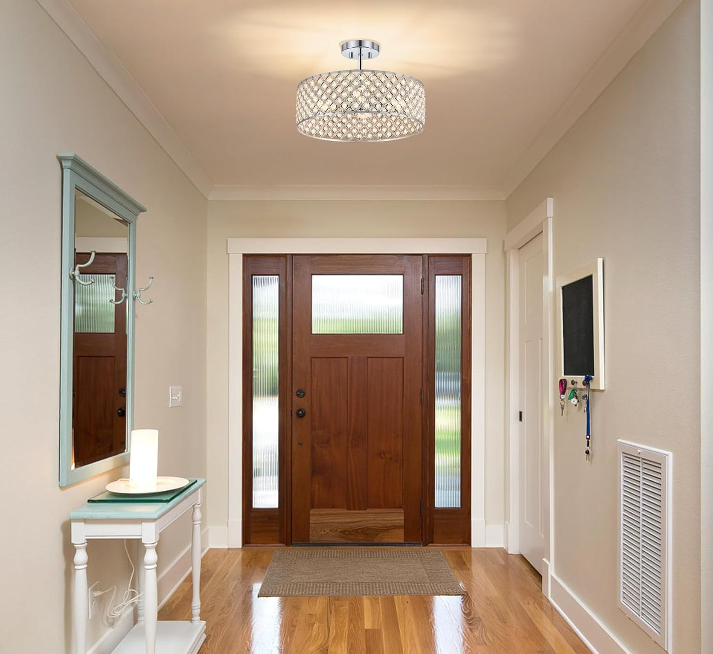 Modern Black Crystal Semi Flush Mount Ceiling Light Fixture - 11.2" Round Chandelier for Dining Room, Hallway, Kitchen & Bedroom