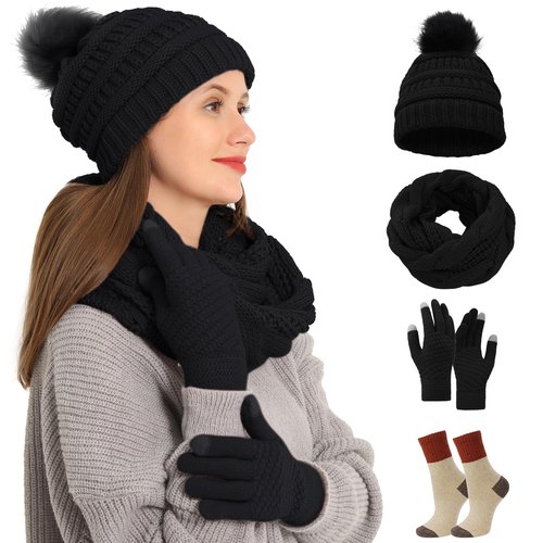 Double Couple 4pcs Winter Beanie Hat Scarf Touch Screen Gloves and Warm Knit Wool Socks Set for Women Knit Hat with Faux Fur Ball Scarves Glove
