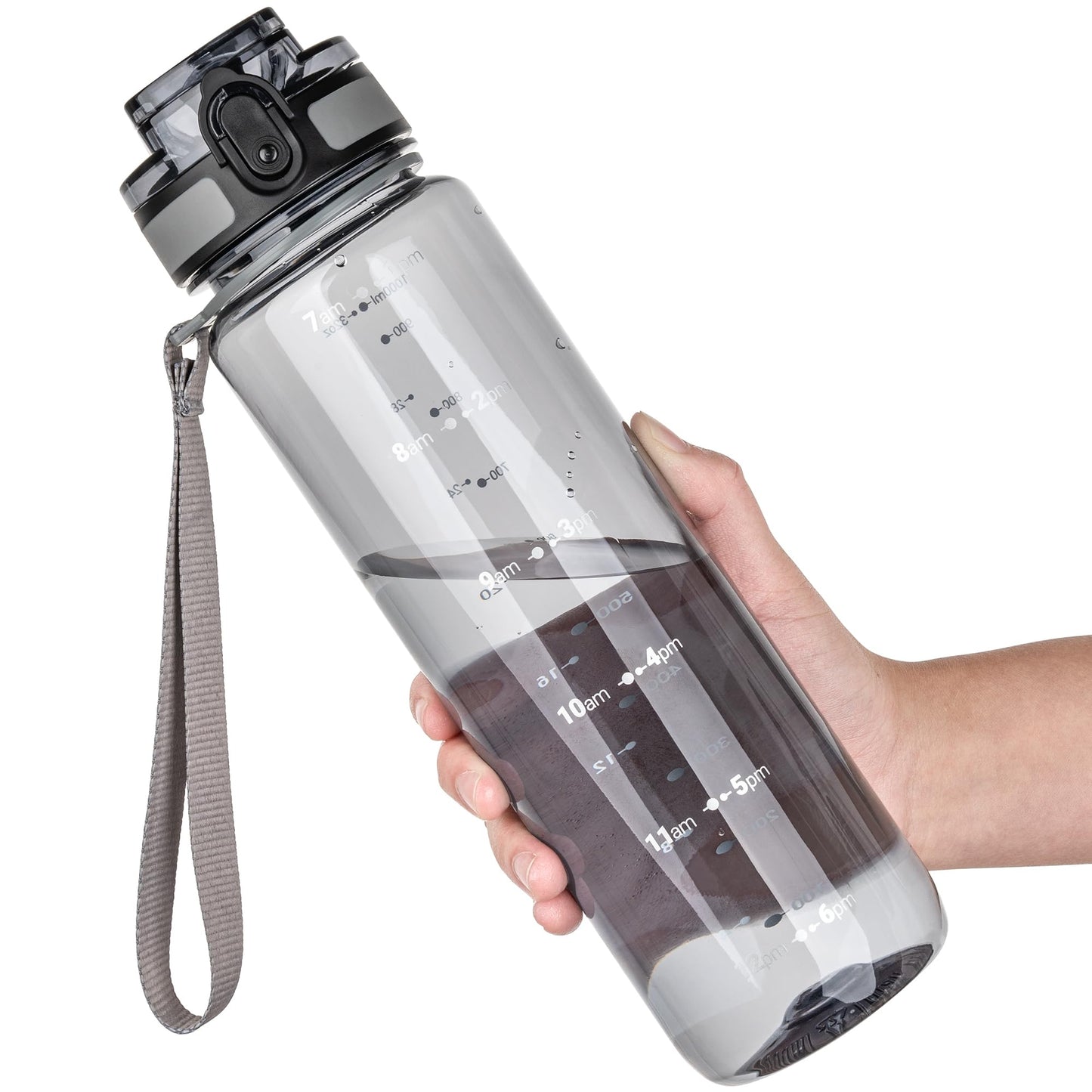 OLDLEY 32 oz Water Bottle, Motivational Water Bottle with Time Marker, Sports Water Bottle With Strap, Leakproof & BPA Free Large Water Bottles for School, Gym,Outdoor, Tritan, Transparent-Gray