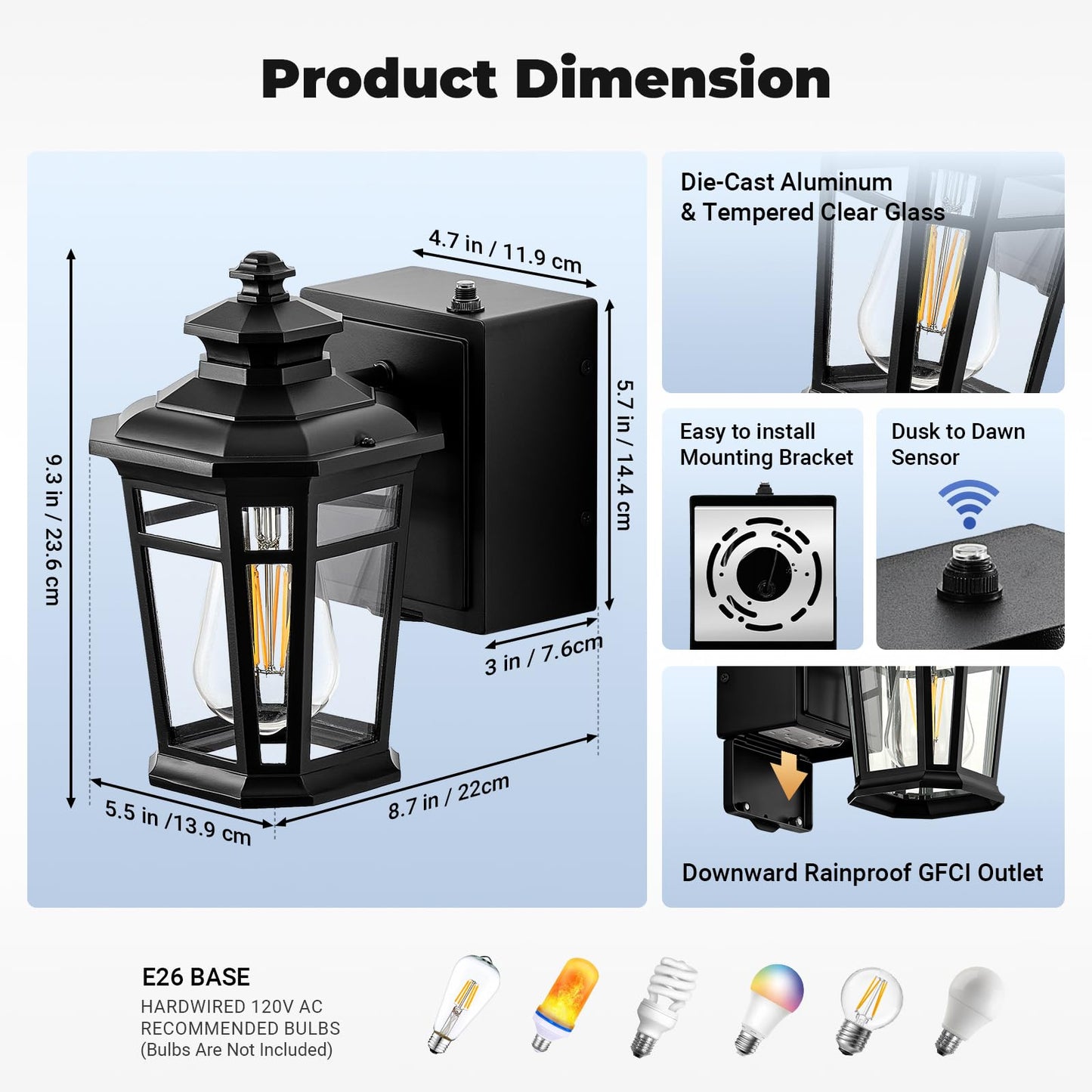 Gleamz Porch Lights with Outlet, Black 2-Pack Dusk to Dawn Outdoor Lighting with GFCI Outlet, 9in H Exterior Light Fixtures Waterproof Anti-Rust, Outside Lights for House,Front Door,Garage,Backyard