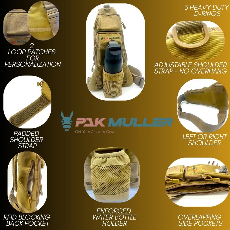 Pak Muller Crossbody Sling Bag Water Bottle Holder, RFID Back Pocket, Travel, Hiking, Everyday Go Bag, Chest Bag, Unisex, Slim Profile, Mid-Size (Black)