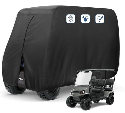FLYMEI 4 Passenger Golf Cart Cover, Waterproof, Dustproof, Black, 112'' L x 48'' W x 66'' H, Fits Most Standard 4 Passenger Golf Carts, EZ GO, Club Car, Yamaha