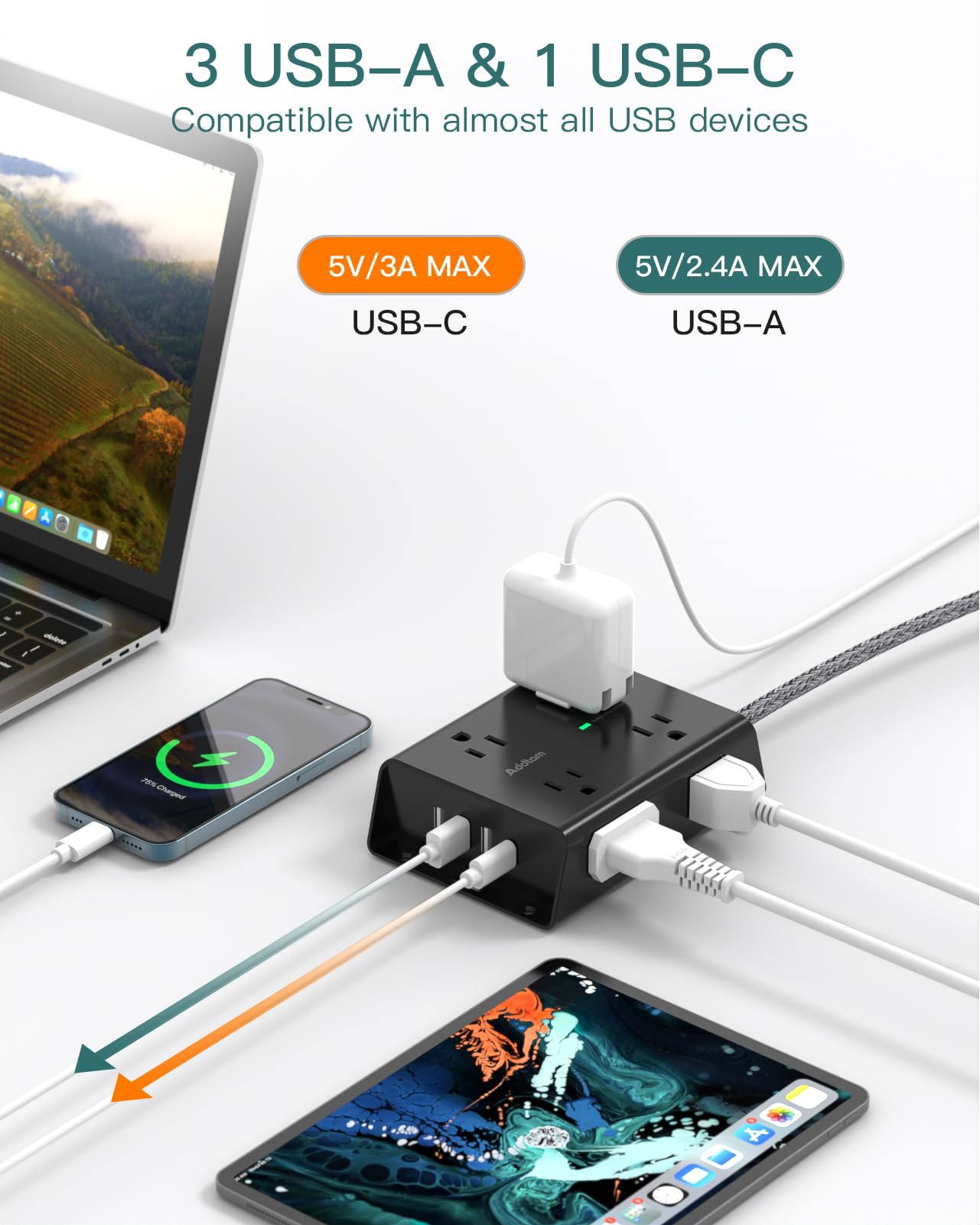 Surge Protector Power Strip, 8 Widely Outlets with 4 USB Ports(1 USB C Outlet), Addtam 3-Side Outlet Extender Strip with 5Ft Extension Cord, Flat Plug, Wall Mount for Dorm Home Office, Black