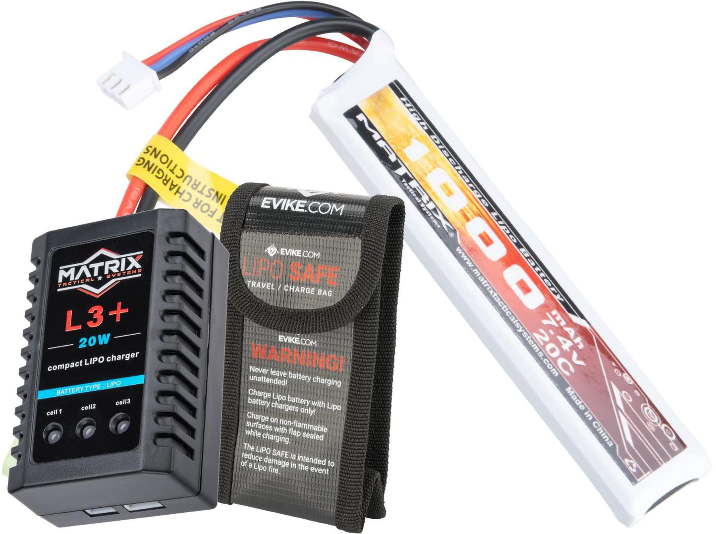 Evike Airsoft - Matrix High Performance 7.4V Airsoft LiPo Battery Starter Pack w/BMS Smart Charger (Model: Stick Type / 1000mAh / 20C / Small Tam.)