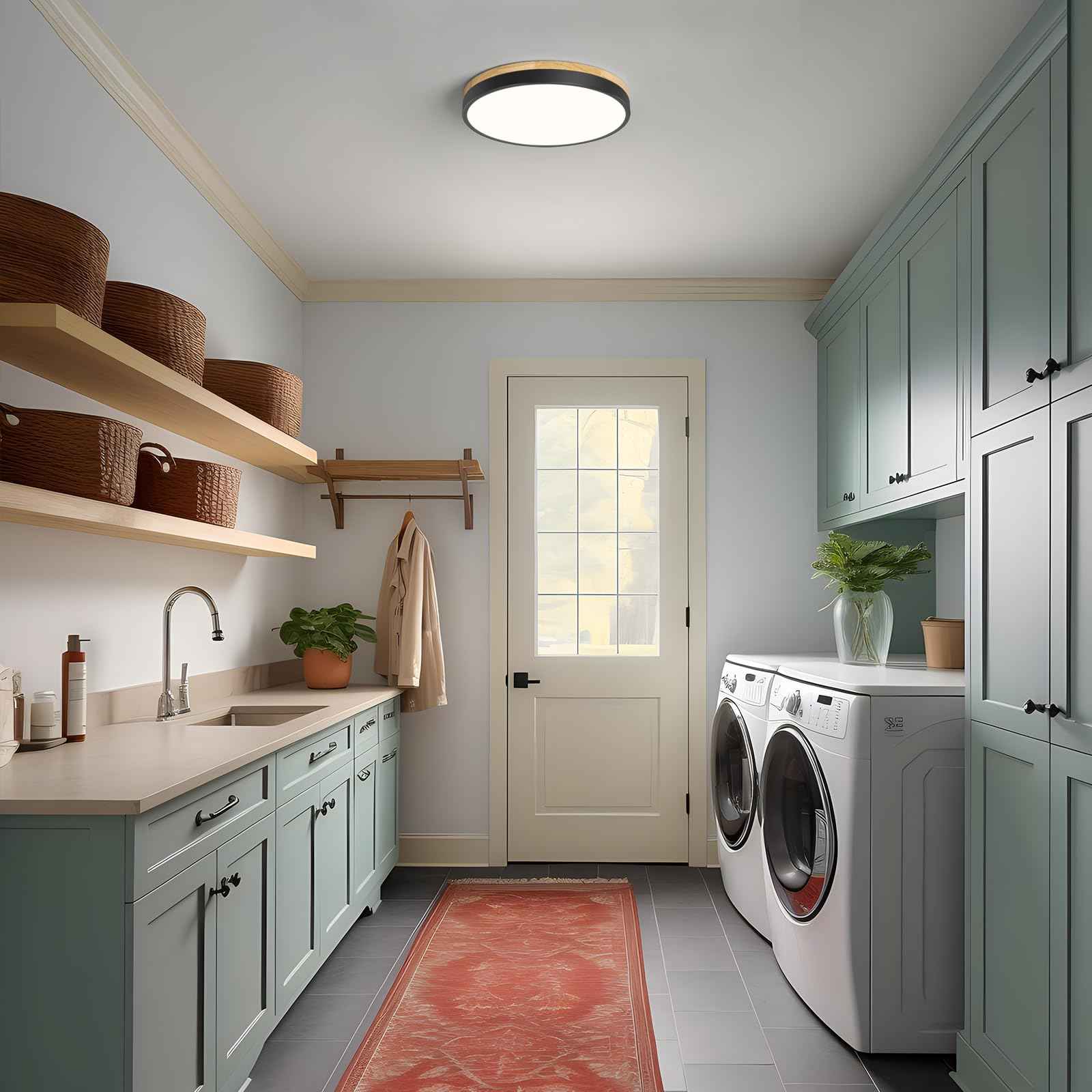 ZUYURT Wood LED Ceiling Light, Modern Black Flush Mount Ceiling Light, Minimalist Close to Ceiling Light Fixture for Bedroom, Hallway, Kitchen, Laundry Room, 11.81in