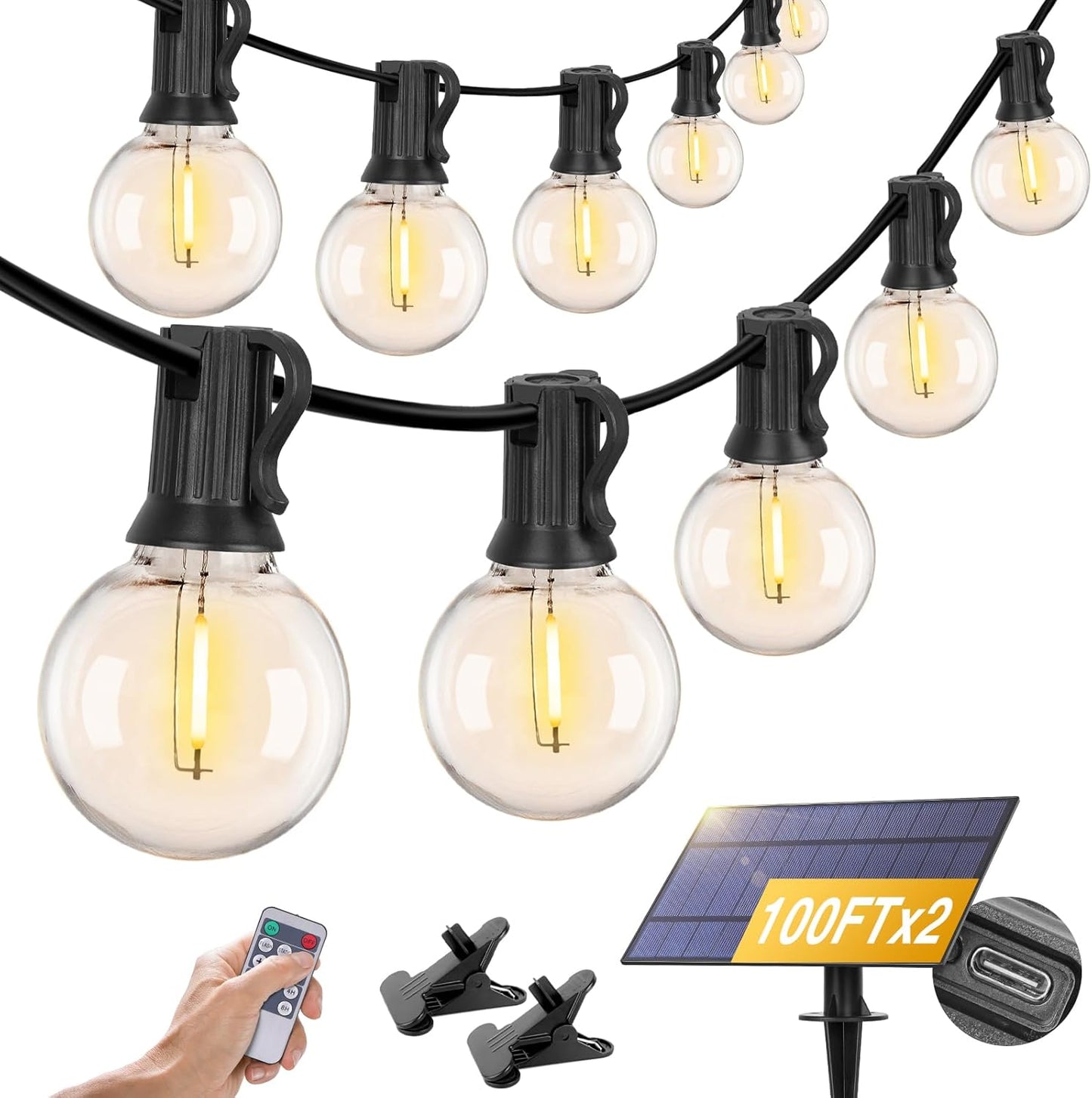 100FT Solar Powered String Lights with Remote - Waterproof G40 Patio Lights, 30 Shatterproof Bulbs, 3 Modes for Camping & Backyard