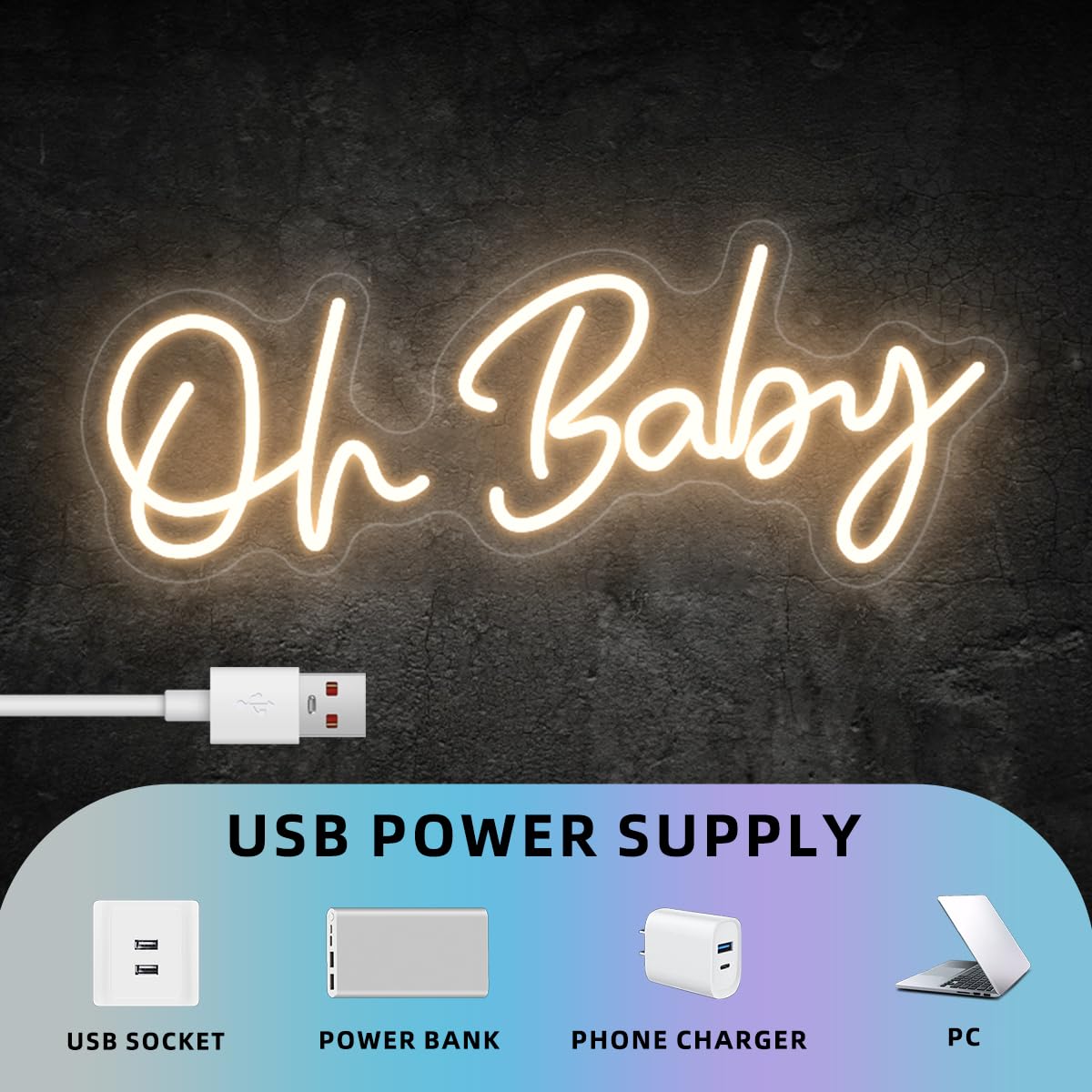 Oh Baby Neon Sign for Backdrop Wall Decor, Boy and Girl Baby Shower Decorations Led Light up Sign for Party Decor, Warm White, 16.5x6.7 inch