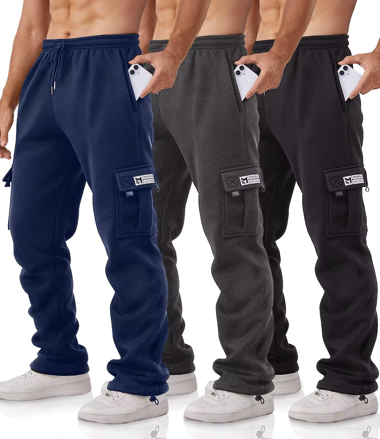 Minorlee Cargo Pants for Men 3 Pack Relaxed Fit Mens Joggers with Pockets,Fleece Hiking Tactical Workout Pants Casual