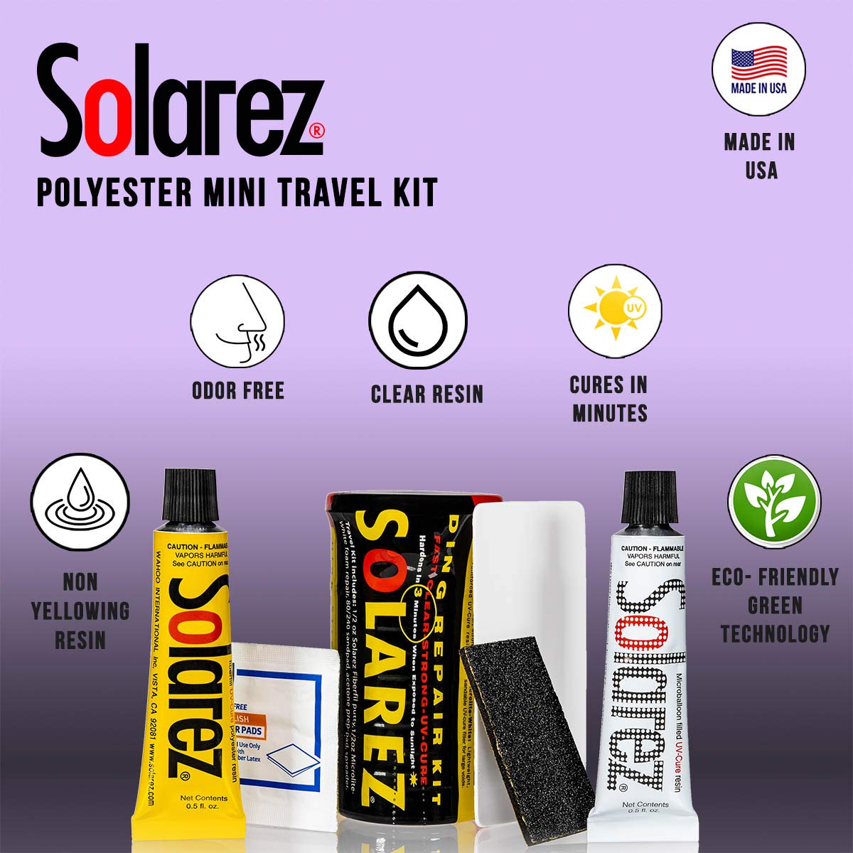 Solarez Polyester Mini Travel Kit ~ Surfboard Ding Repair - Paddle Board Wakeboard Repair ~ Kit Includes: Poly and Microlite Fast Cure Resins, Sanding Pad, Spreader, Alcohol Pad, in Watertight Capsule