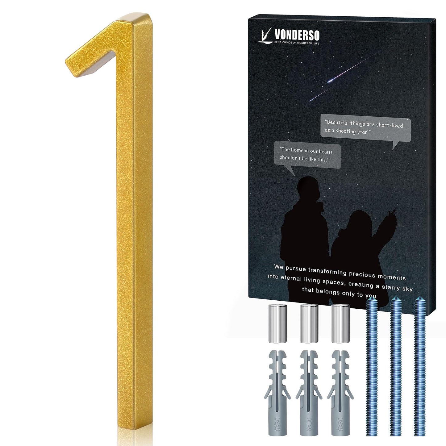 VONDERSO 6 Inch Floating House Numbers for Outside,Modern Metal Address Number 1,Durable Weather-Resistant Gold Powder Coated Finish,No Fading (Gold)