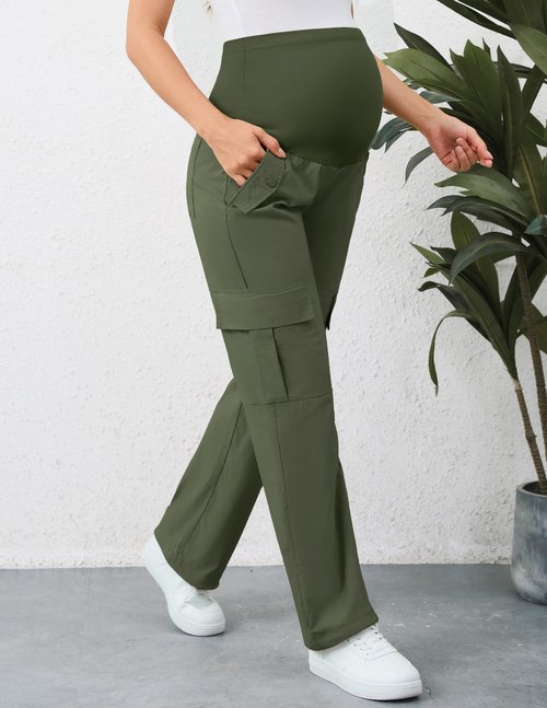 AMPOSH Women's Maternity Cargo Pants with 6 Pockets Quick-Dry Pregnancy Hiking Pants(Olive, L)
