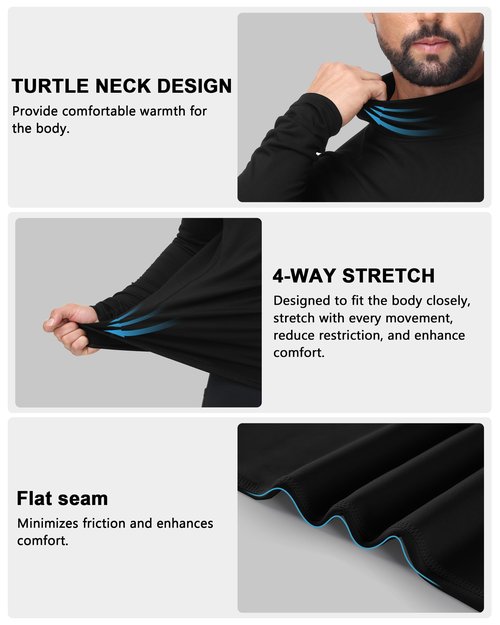 Roadbox Men's Thermal Compression Shirts Mock Turtleneck Long Sleeve, Fleece Lined Undershirt Base Layer for Winter Workout Black