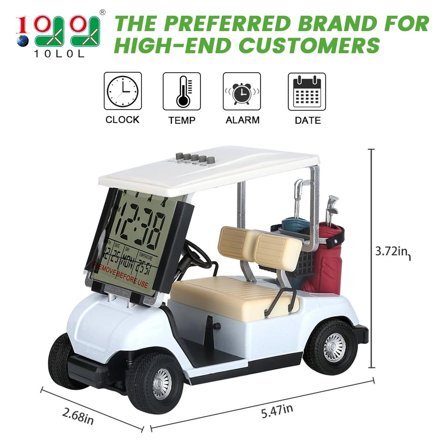 10L0L Mini Golf Cart Alarm Clock LCD Display Calendar Golf Gifts for Men Fans Golfers Superior Race Souvenir Novelty(White)