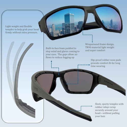 SOL PRO Polarized Riding Sunglasses Foam Padded Wraparound Fit Men Women Motorcycle Driving Running Cycling Fishing (Grey-Blue)