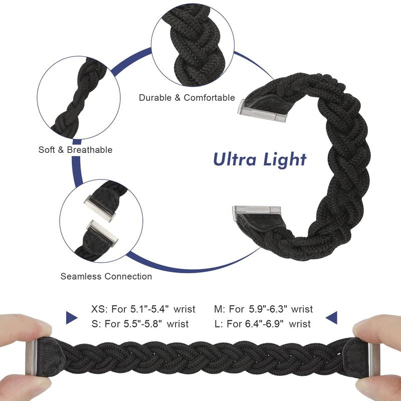 Wearlizer Elastic Band Compatible with Fitbit Versa 4 Bands for Woman/Versa 3/Sense 2/Sense Bands Women, Slim Solo Loop Braided Strap Stretchy Woven Wristband Accessory, Black M