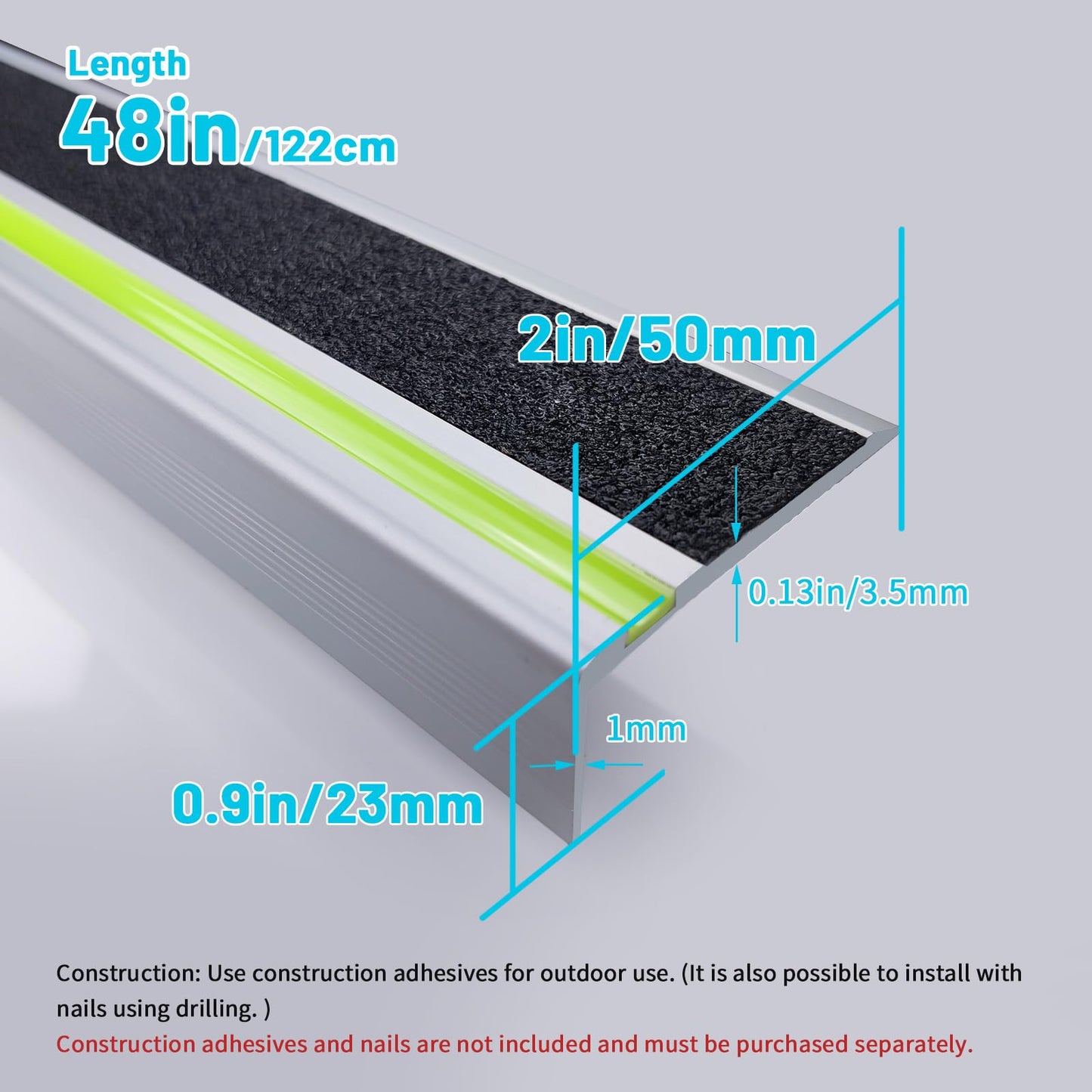 ZALNVEY 3 Pack 48 in L Shaped Stair Nosing with Green Glow Strip, Outdoor Aluminum Stair Edge Protector, Long Stair Edging Stair Trim, Anti Slip Traction Steps Treads Plate Help Elderly, Kids Walk