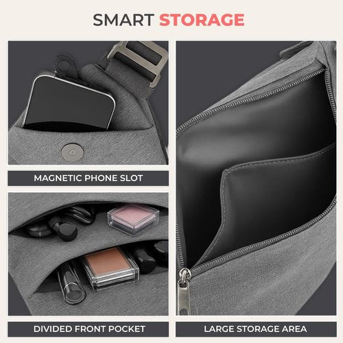 FlyHugz Anti-Theft Crossbody Sling Bag - Gray Canvas, Multi-Pocket, Water-Resistant Design for Travel