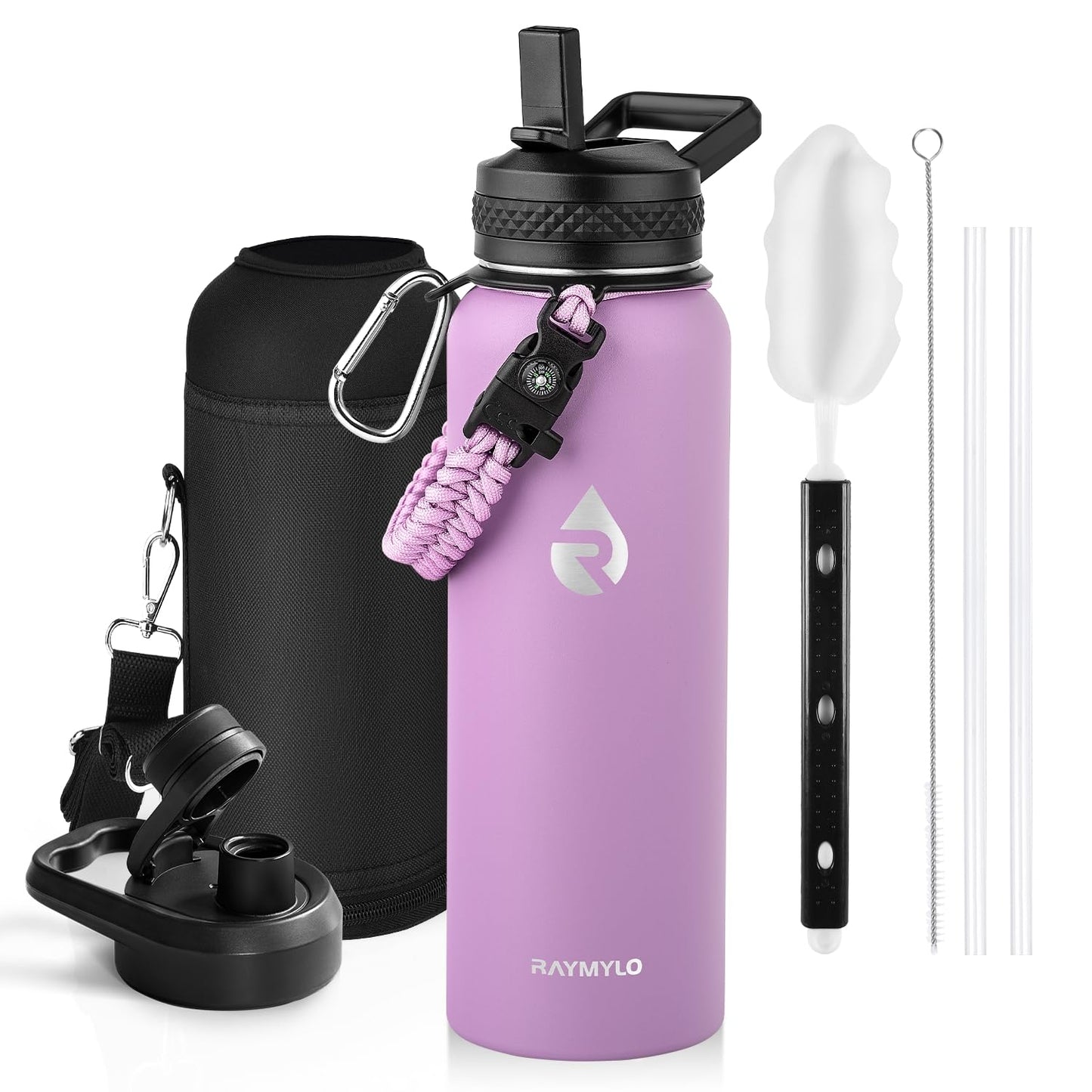 RAYMYLO Insulated Water Bottle 40 oz, Triple Wall Vacuum Stainless Steel (Cold for 36Hrs, Hot for 18Hrs), Leak Proof & Non-BPA, Modern Water Flask Jug with Paracord Handle & Straw Spout Lids