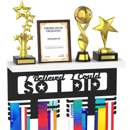 DSVENROLY Medal Hanger Display, Trophy Shelf, 16 Metal Hooks, Black & White