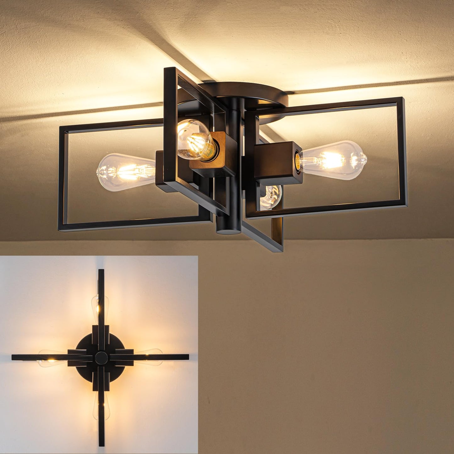 fengkeDU Industrial Ceiling Light Black 4 Light Semi Flush Mount Lights Wood Sputnik Light Fixture 24" Farmhouse Ceiling Light for Kitchen Bedroom Bathroom Foyer Hallway(E26