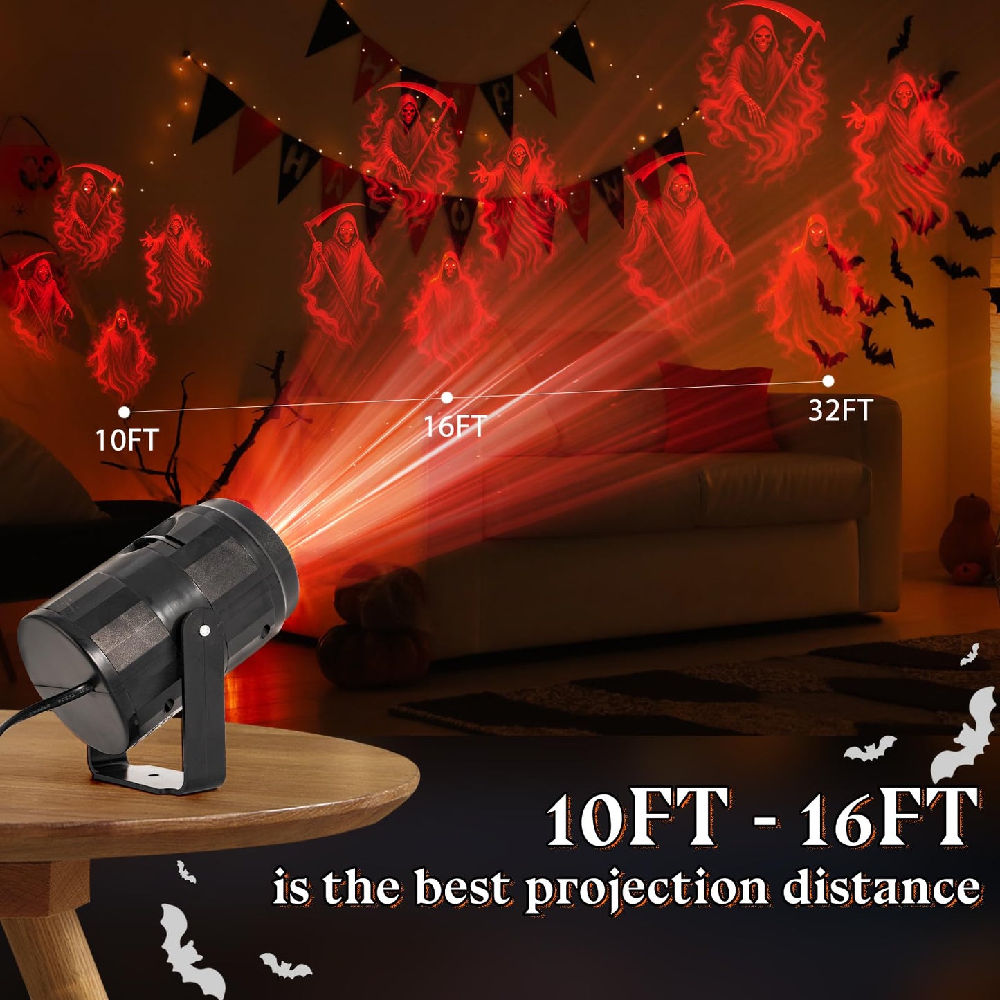 4 in 1 Grim Reaper Halloween Projector Lights Indoor Rotating LED Digital Ghost Projector Halloween Indoor Wall Party Home House Patio Garden Yard Halloween Lights Decorations