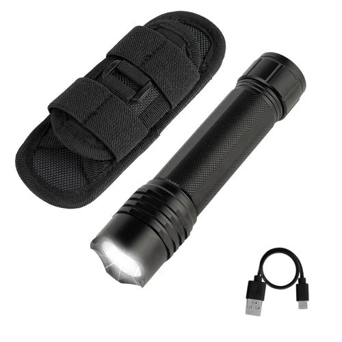 KunHe Rechargeable Flashlight High Lumens,Duty Flashlight with Belt Holster, Bright LED Tactical Flash Light with 4 Modes, Long Lasting IPX7 Water Resistant for Security, Police