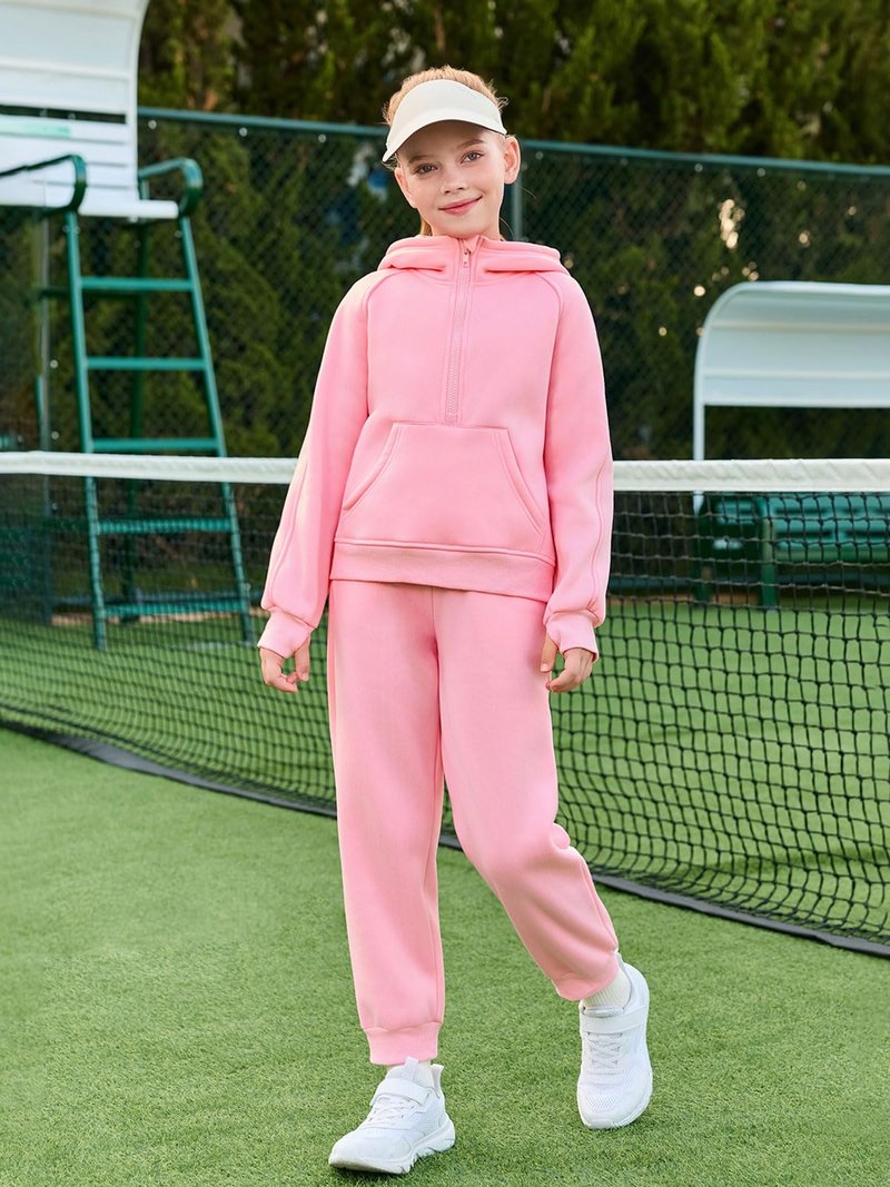 Girls 2 Piece Outfits Sweatsuit Kids Fleece Half Zip Hoodies Sweatshirt and Sweatpants Set with Pockets