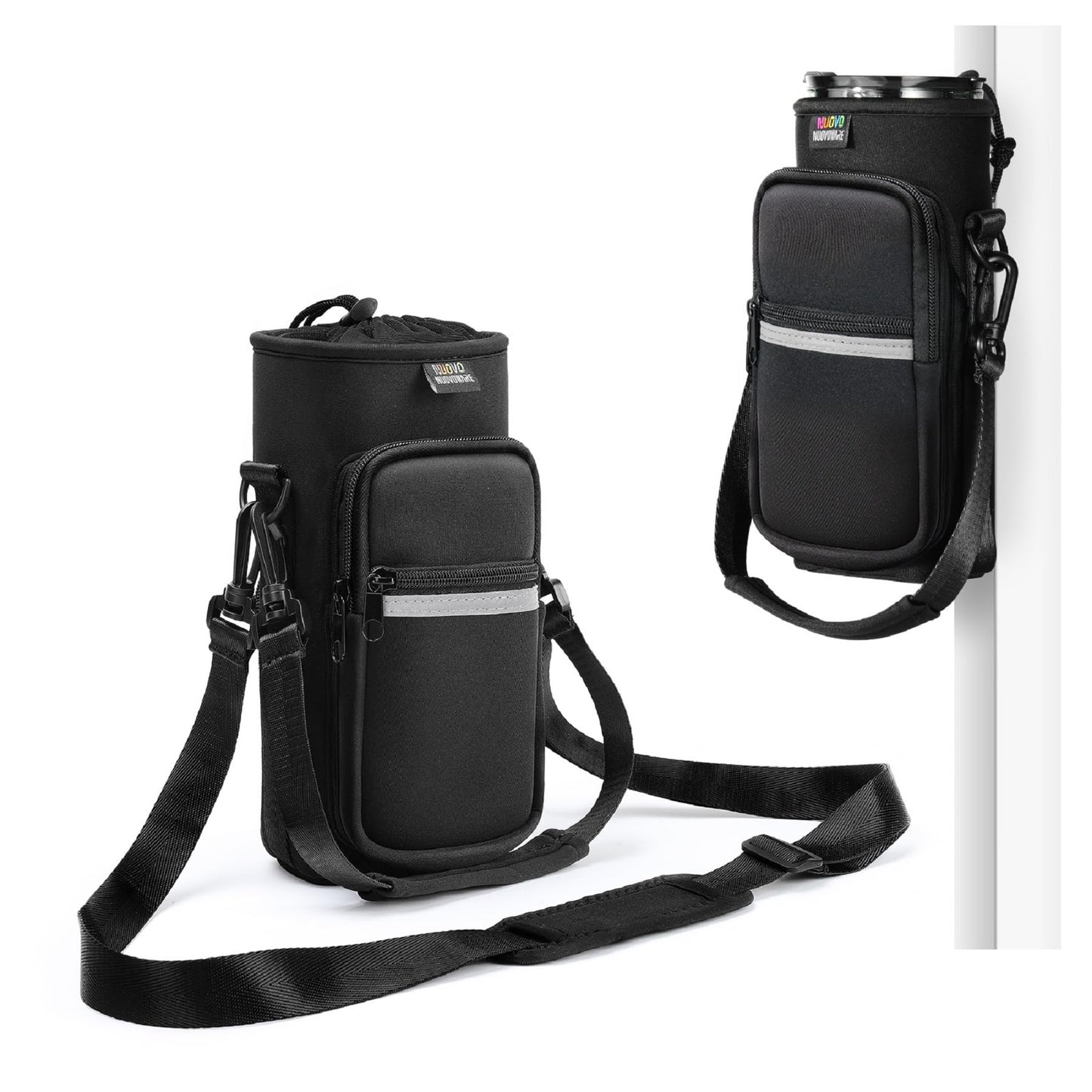 Nuovoware Magnetic Gym Bag, 25oz/32oz Water Bottle Carrier Holder, Adjustable Shoulder Strap 2 Pocket Sports Sling Neoprene Sleeve for Hiking Travelling Camping, Black+White