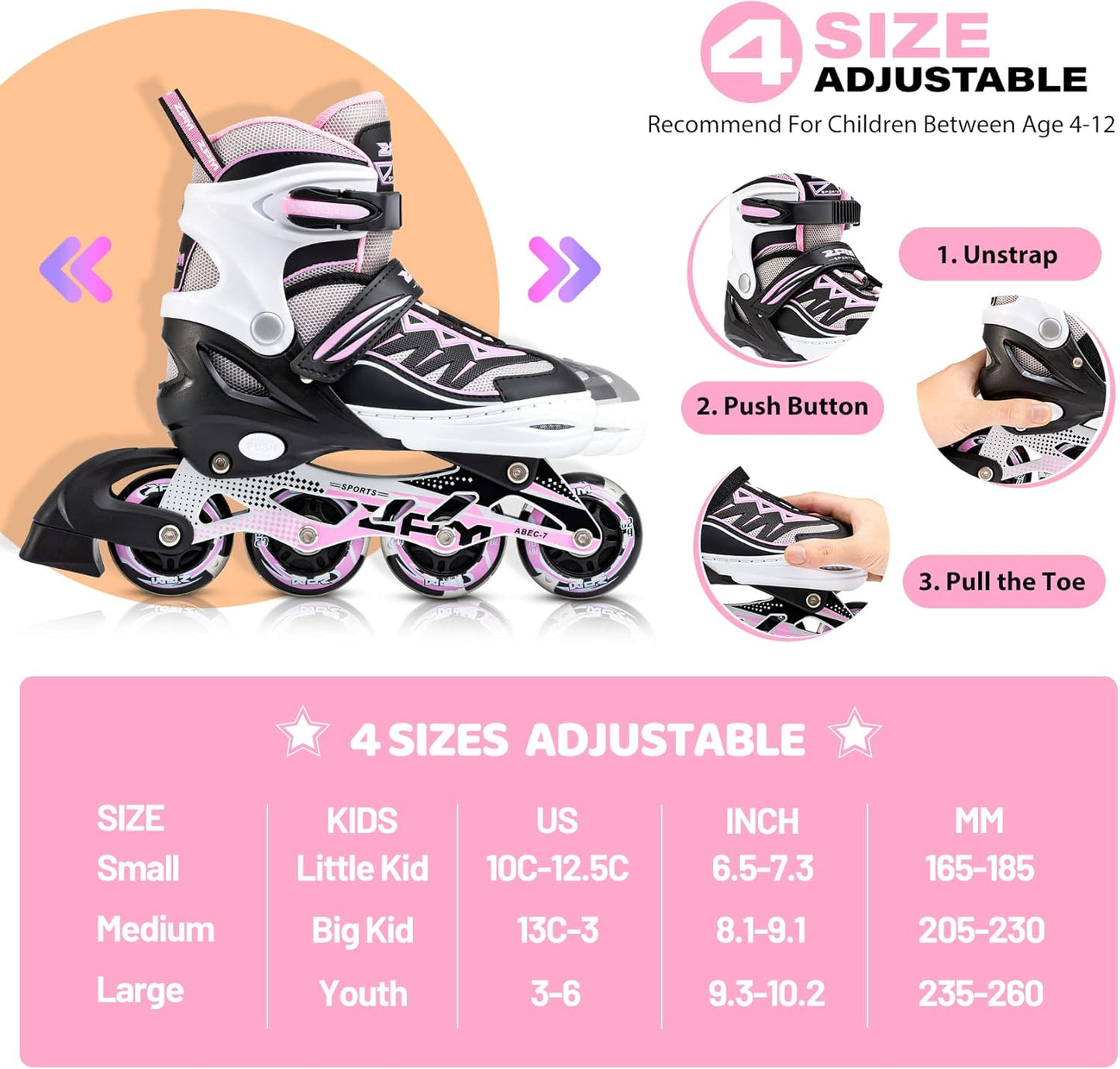 2PM SPORTS Cytia Pink Girls Inline Skates - Adjustable With Light-Up Wheels for Fun & Safety