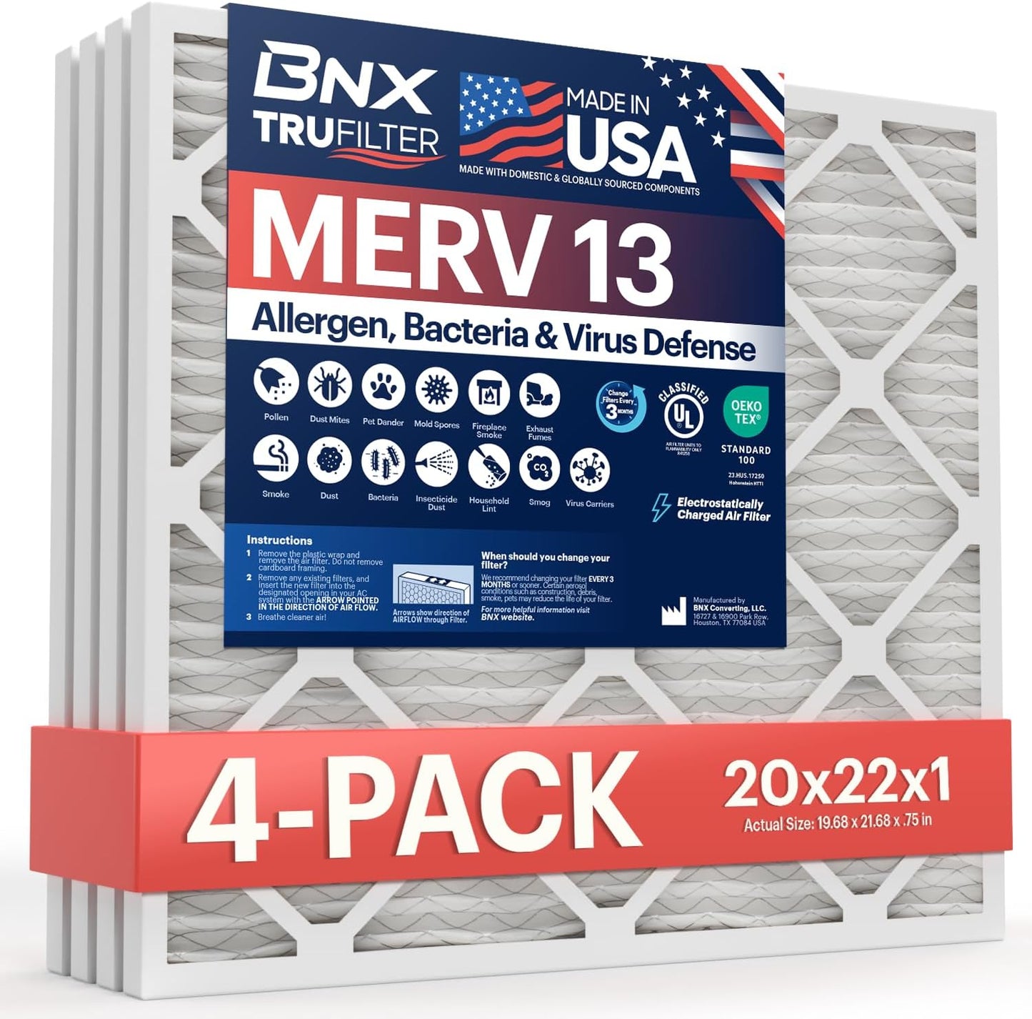 BNX TruFilter 12x12x1 MERV 8 Air Filters (6-Pack) - USA-Made Dust & Pet Defense for HVAC