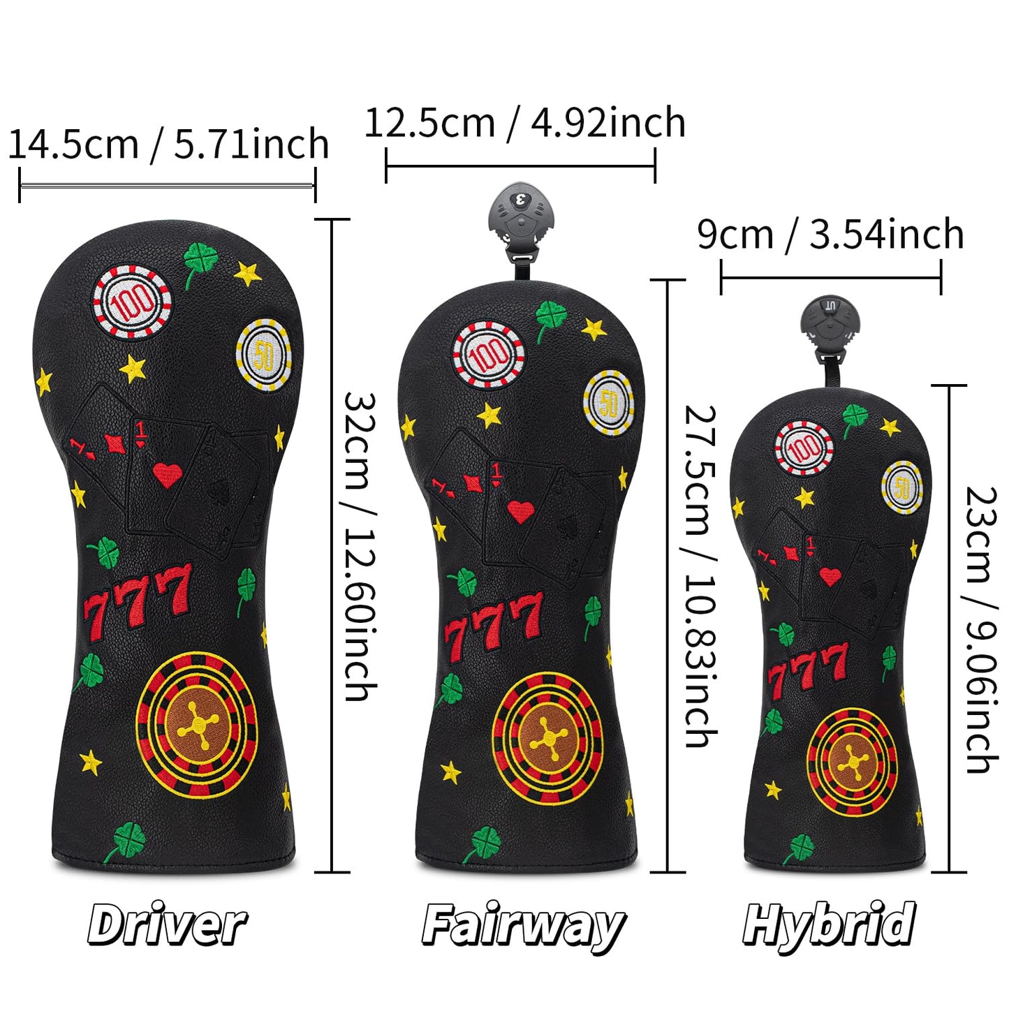 777 Playing Cards Funny Headcover - PU Leather Golf Club Cover with Embroidered Finish, Set Fits Driver Fairway Hybrid Woods (Black-Fairway)