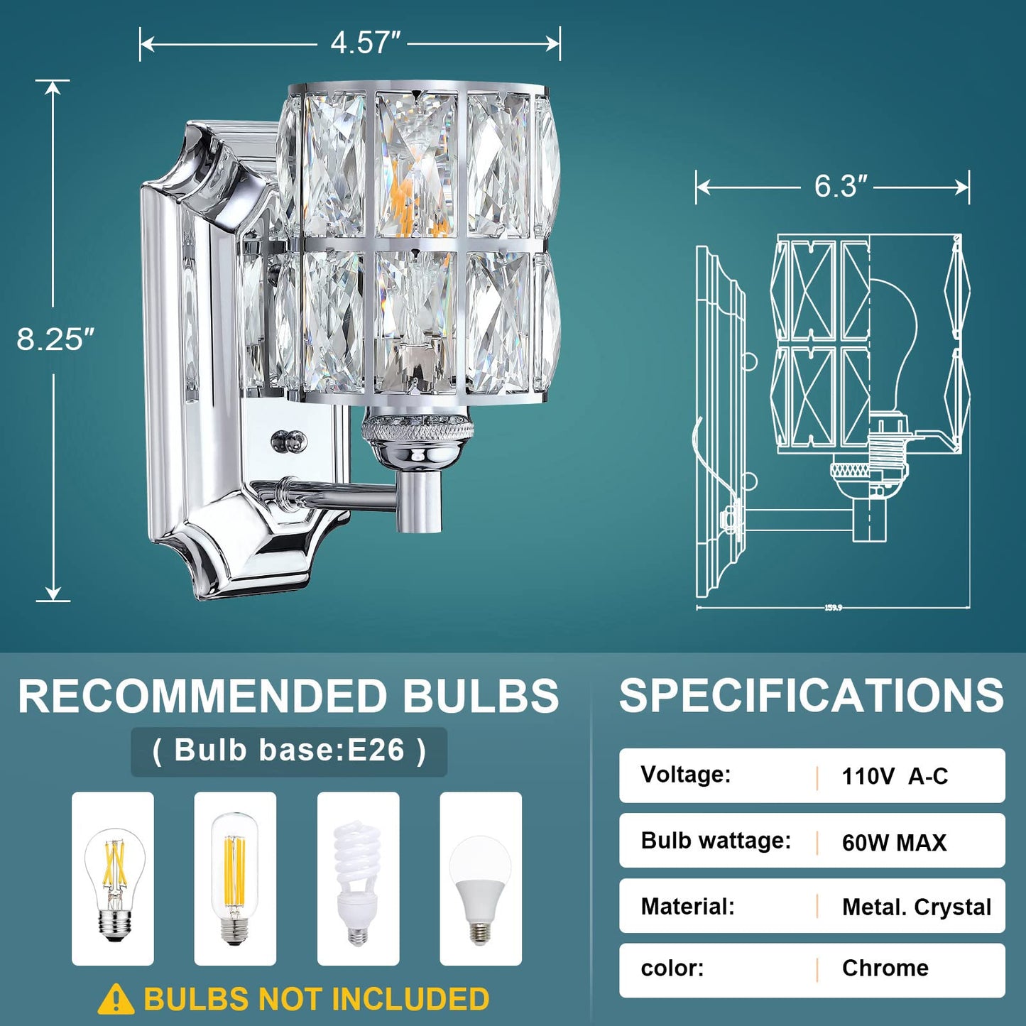 2 Pack 1 Light Crystal Wall Sconce Lighting with Chrome Finish,Modern and Concise Style Wall Light Fixture Polyhedral Crystal Shade for Bathroom, Bedroom Living Room Kitchen Island