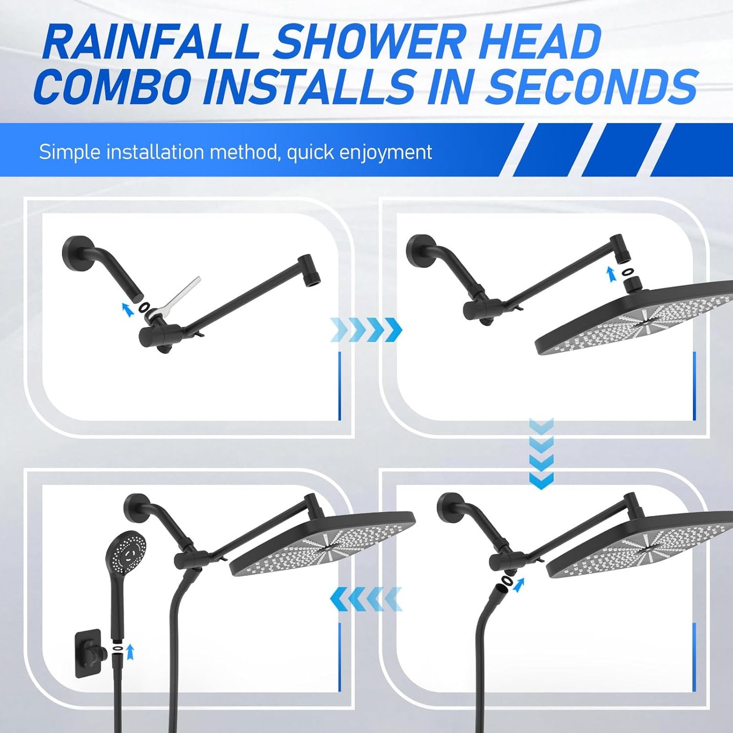 High Pressure 5-Mode Wide Rain Shower Head Combo with Handheld & Extension Arm - Black