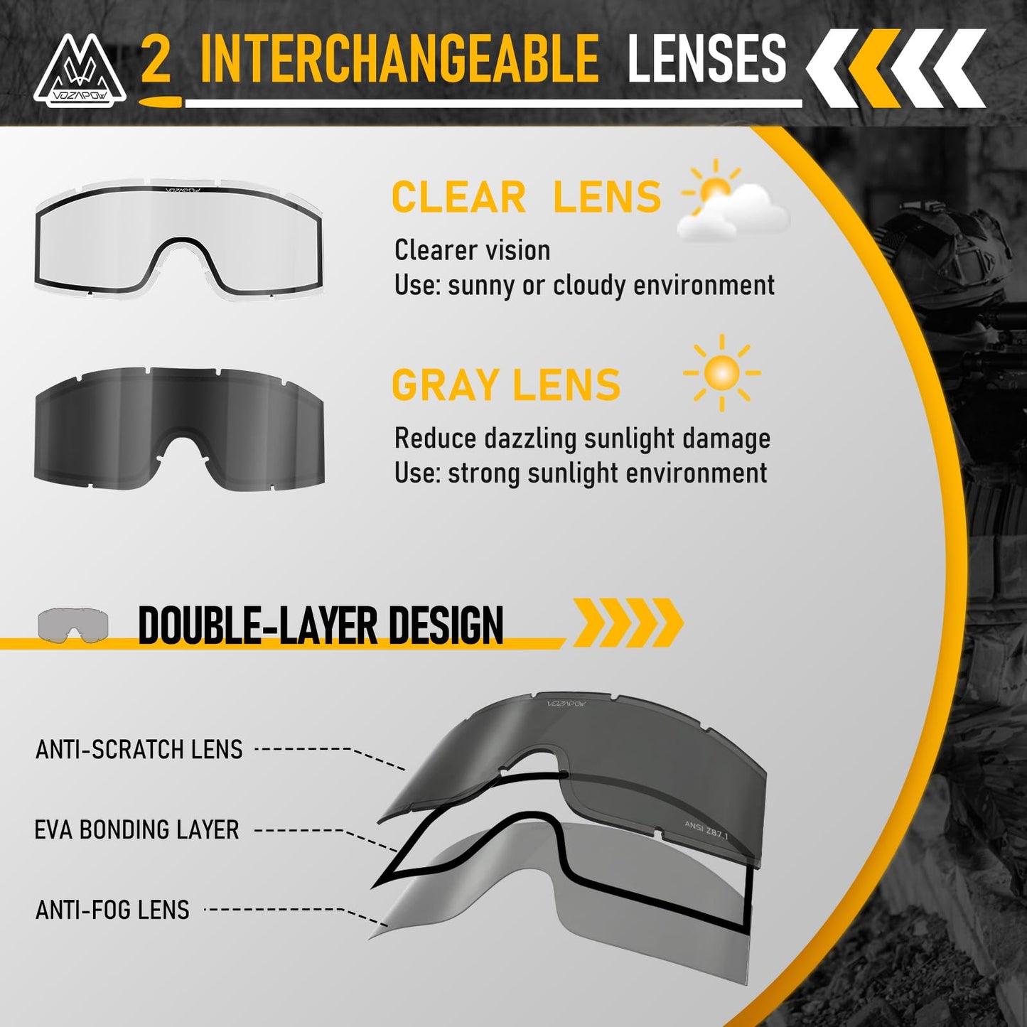 VOZAPOW Airsoft Goggles Anti Fog with ANSI Z87.1 Certified, Safety Goggles Impact Resistant, Tactical Shooting Glasses