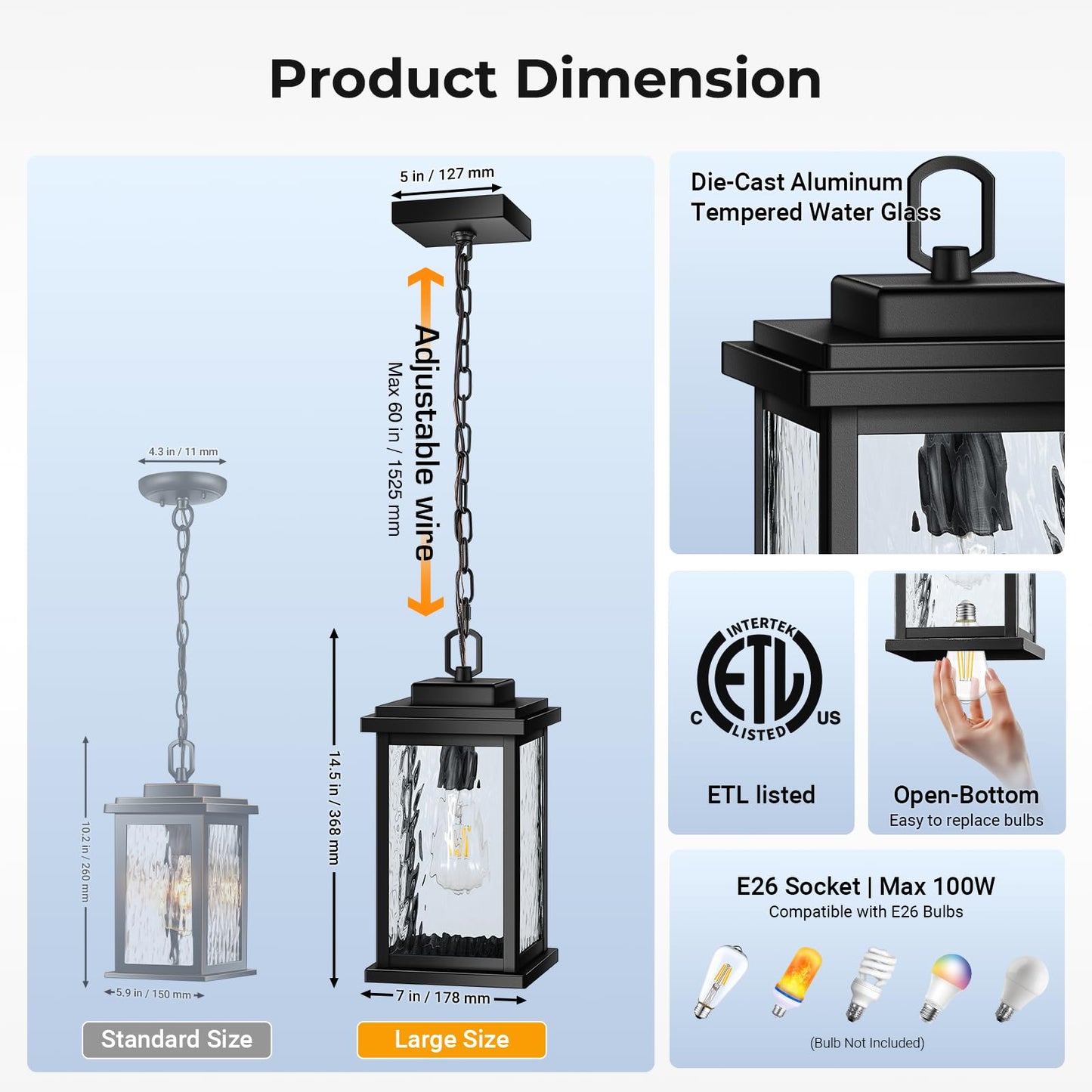 VIANIS Large Anti-Rust Outdoor Chandelier with Adjustable Wire, Black Pendant Light with Water Glass for Porch, Garden,Garage, Easy-to-Install Outdoor Hanging Lantern Suiting for Sloped Ceiling