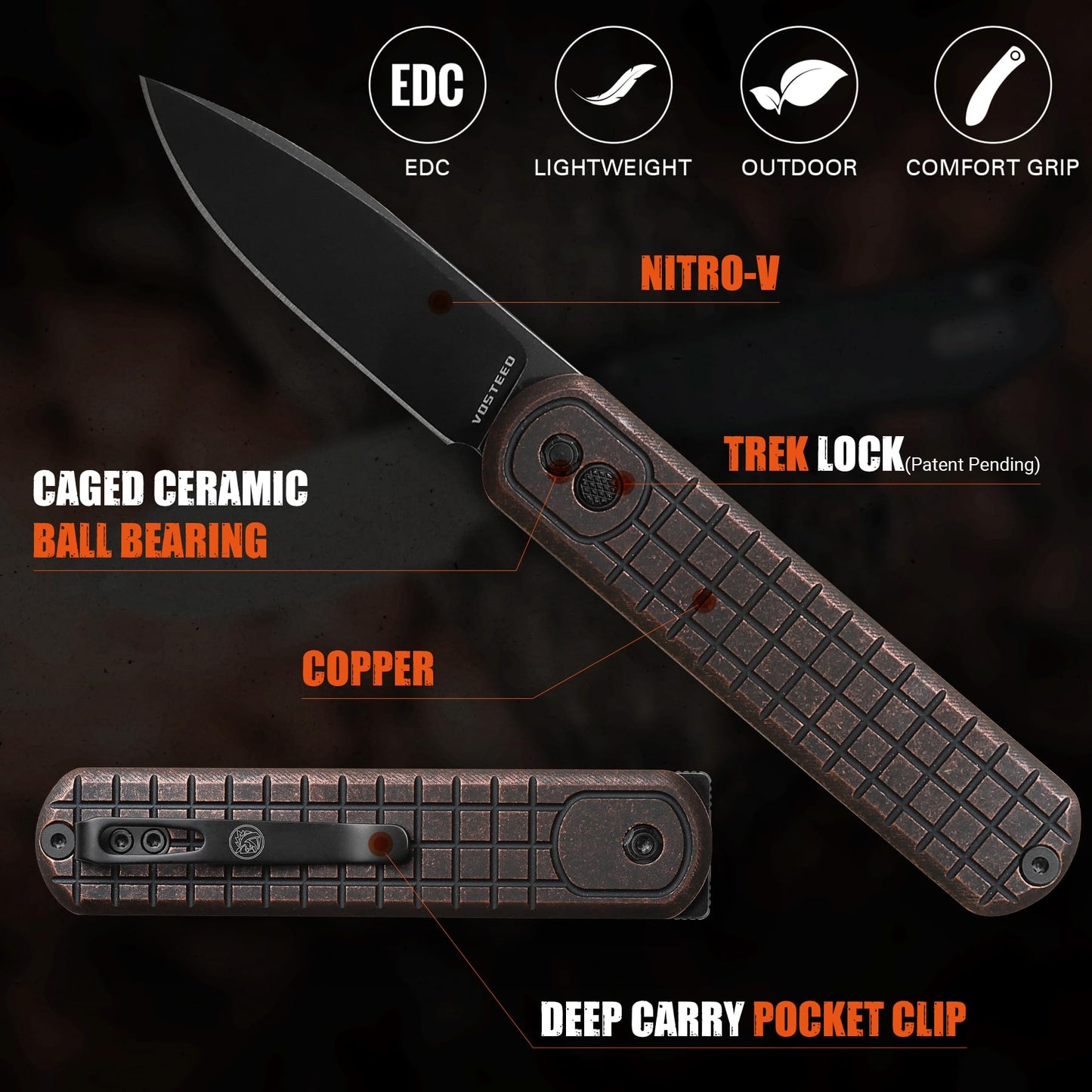 Vosteed Corgi Small EDC Pocket Knife - 2.99" Nitro-V Black Stonewash Blade - Patented Trek Lock, Copper Handle for Hiking, Camping - A0715