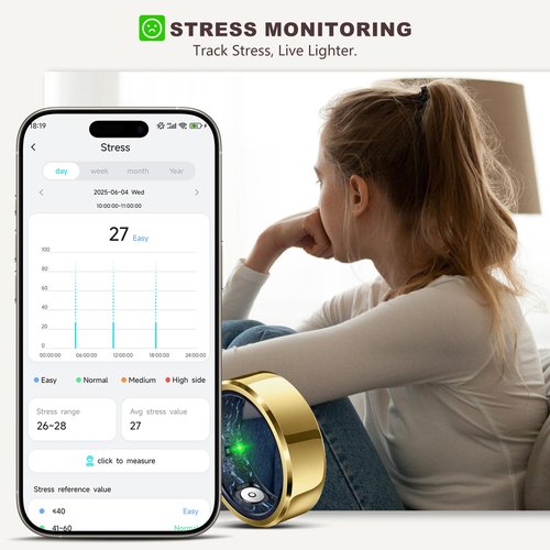 Smart Ring for Women Men,Fashion Minimalist Fitness Ring & Sleep Tracker Ring with Heart Rate,SPO₂,Blood Pressure,5ATM Waterproof Health Ring,No Subscription,Travel-Friendly Couple Gift(Size11,Gold)
