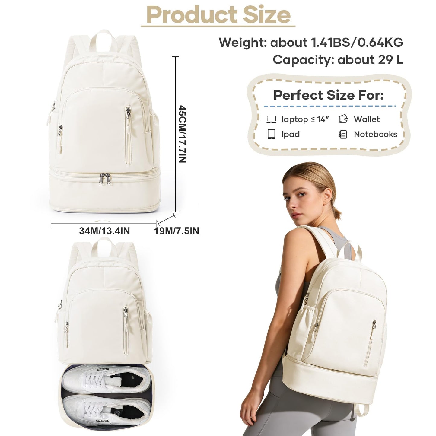 Lendolk Gym Backpack for Women Men, Dance Volleyball Backpacks With Shoe Compartment, Sports Back pack For Yoga Fitness Beach Hiking Sports(Beige)