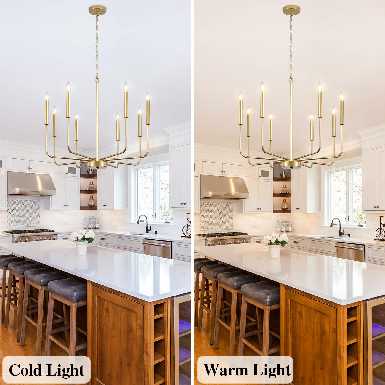LASENCHOO Gold Chandelier Light Fixture, 8 Lights Modern Farmhouse Chandelier for Dining Room Light Fixture, Candle Pendant Light Fixtures Ceiling Hanging for Kitchen Living Room Bedrooms Entryway
