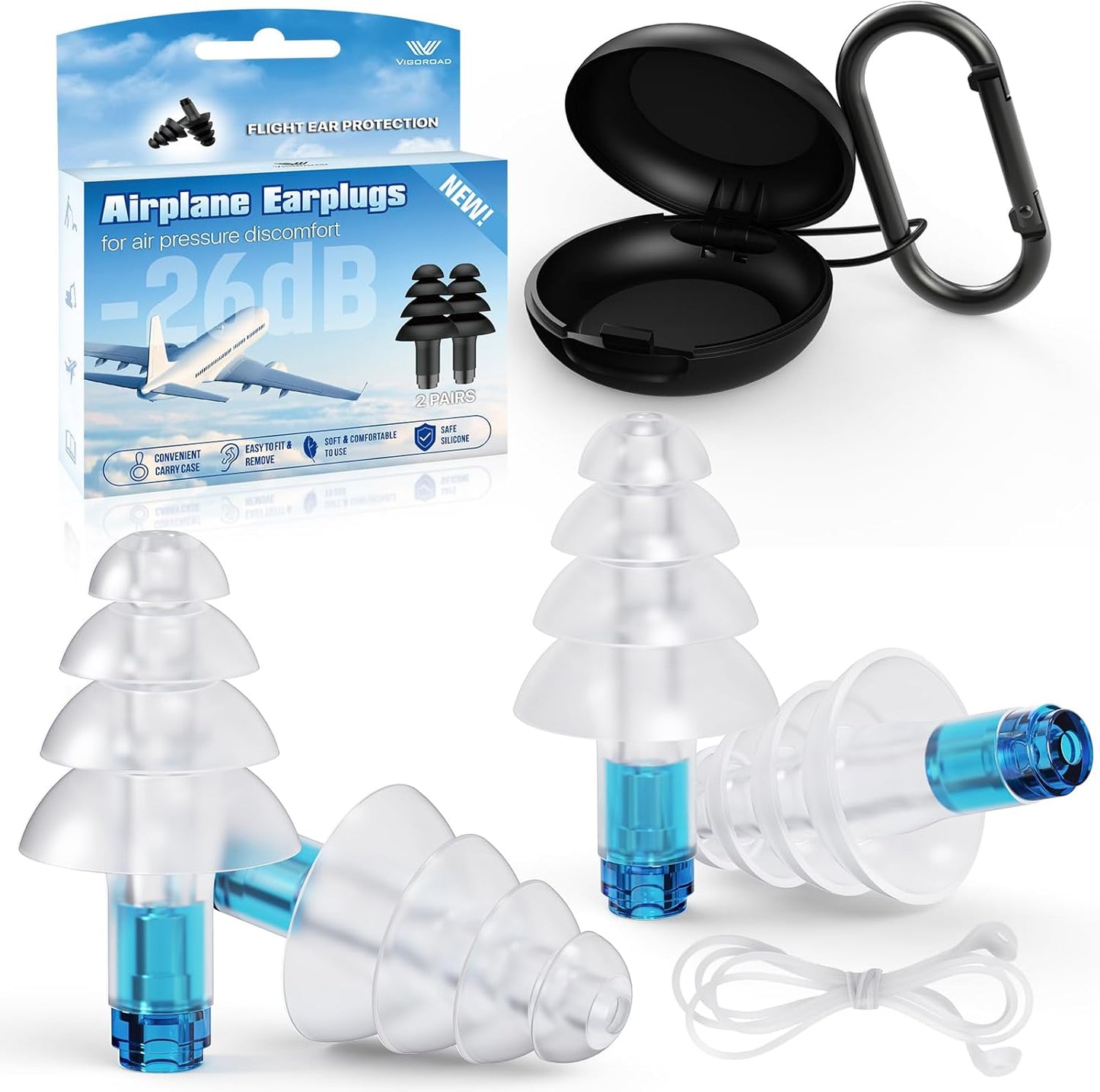 Skiennix Ear Plugs - Soft Silicone Reusable for Airplane Pressure Relief | 2 Pairs with Connector Cord
