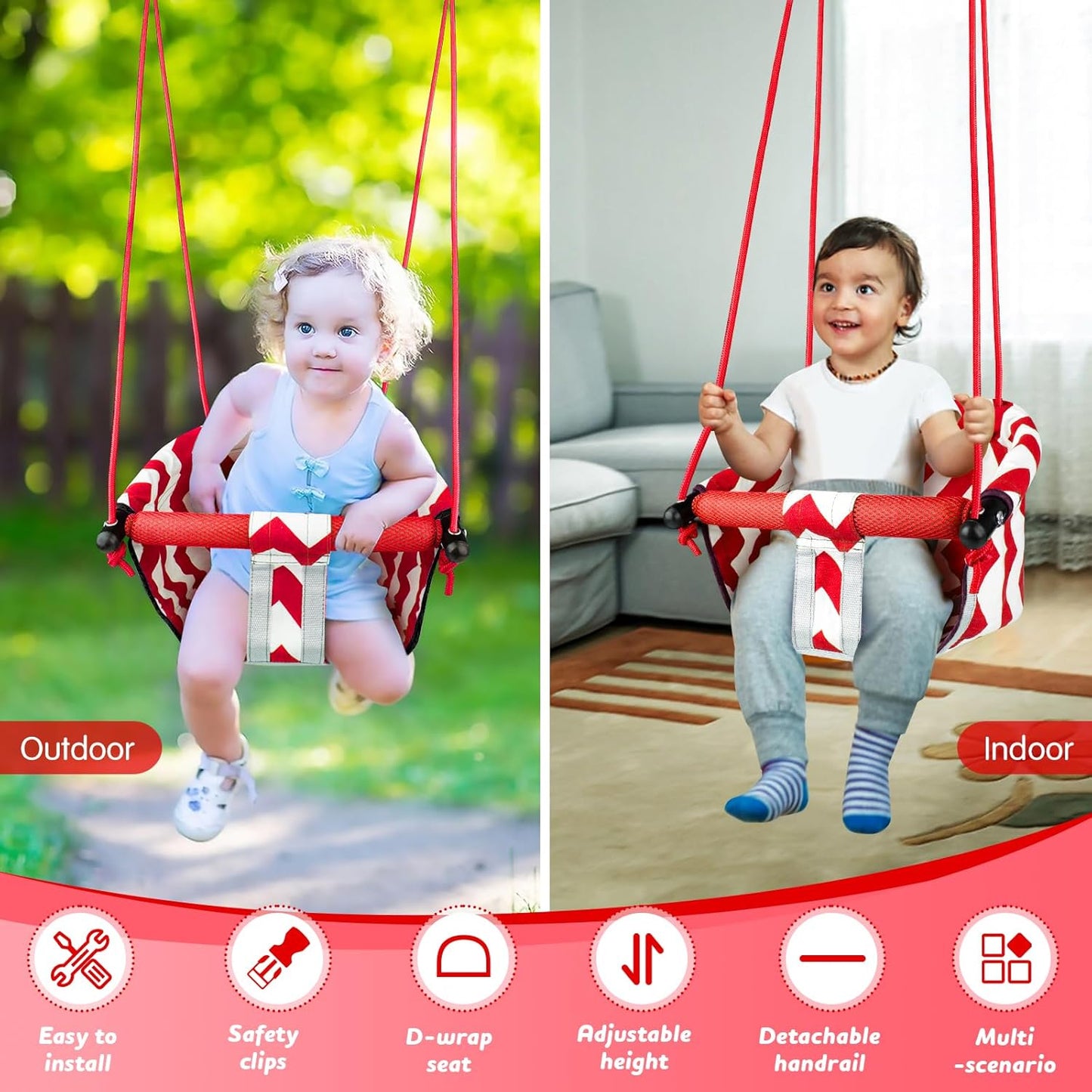 Skiennix Toddler Swing - Comfy Indoor/Outdoor Kids Swing Seat with Safety Harness & Quick Lock System (Red)
