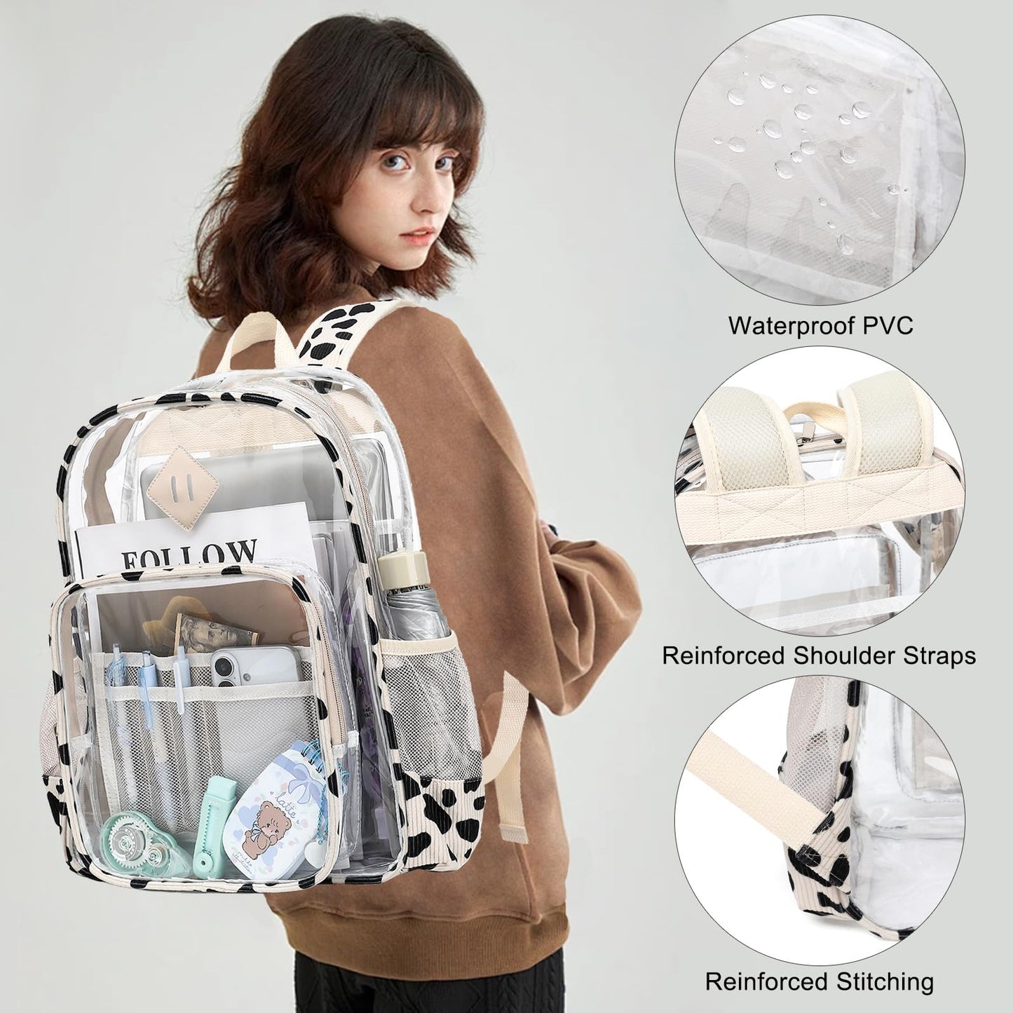 Xunteny Clear Backpack for Girls Women School Bookbag Heavy Duty Transparent Backpacks (Corduroy Cow Print Black)