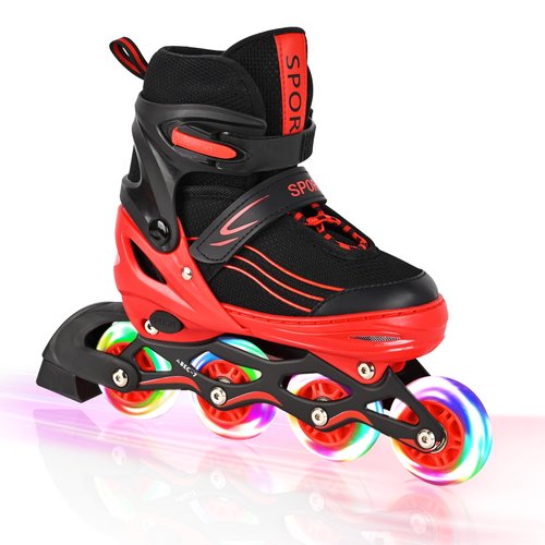 Kids Inline Skates for Girls Boys with All Wheels Illuminating, Adjuatable Mens and Womens Roller Skates Blades for Beginner in Outdoor and Indoor (Black&Red, Medium - Big Kids)