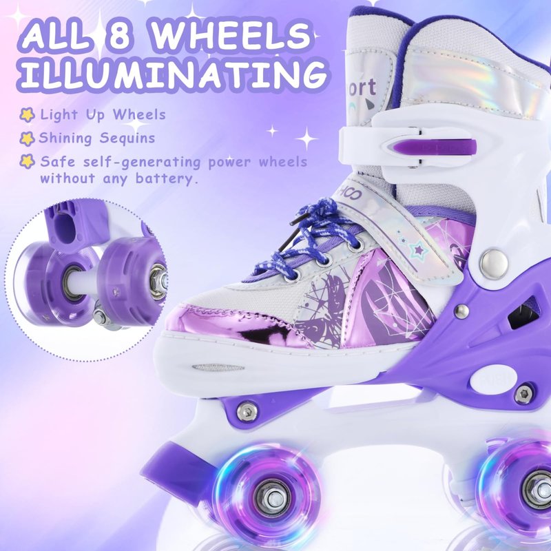 TOMSHOO Kids Roller Skates for Girls Boys 4 Sizes Adjustable Skates for Toddlers Beginner Teens with Light up Wheels Age 3-5 5-8 6-12 Children Gift for Indoor Outdoor (Purple, Medium)