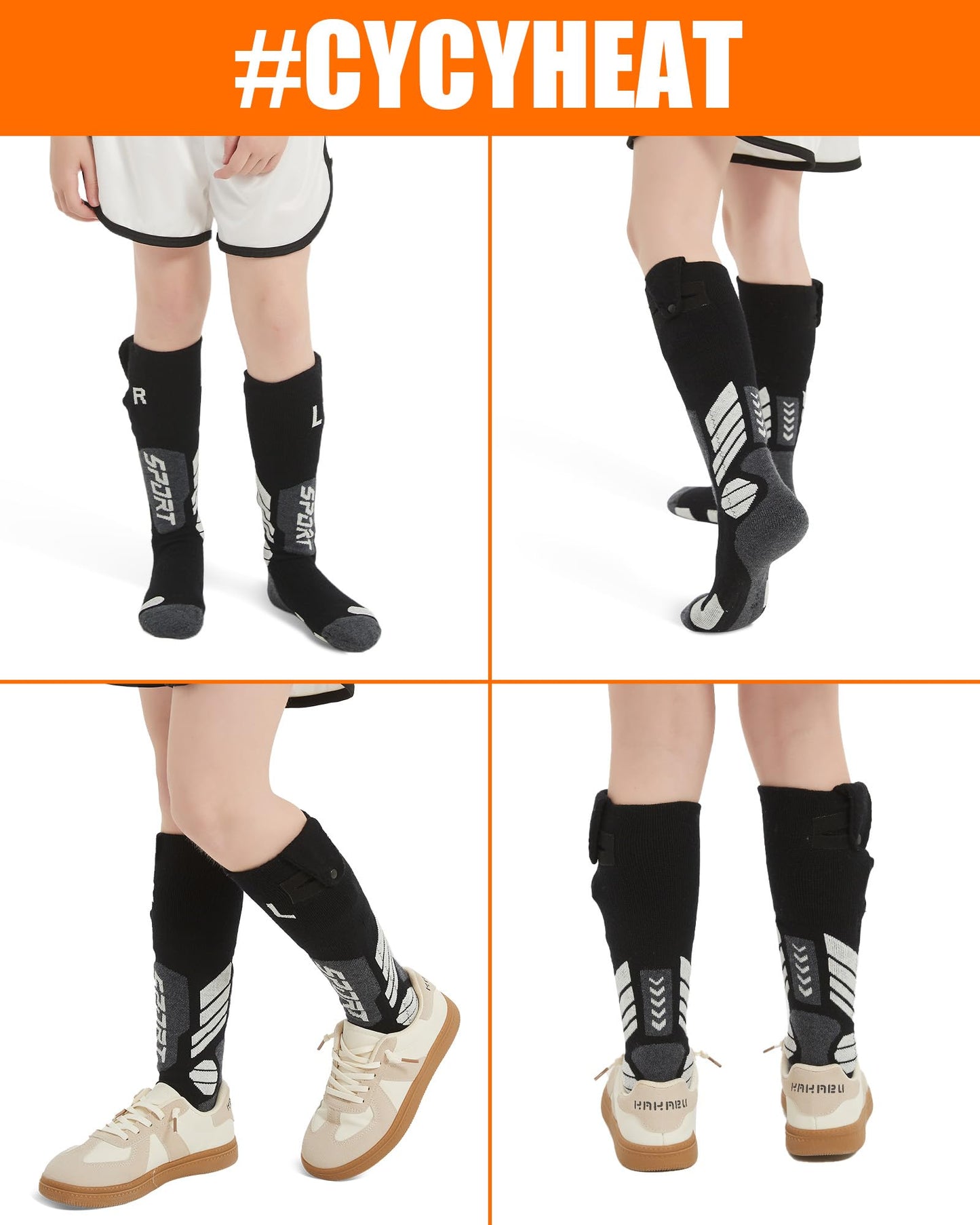 Kids Heated Socks - Boys and Girls Electric Heating Wool Knee High Skiing Socks, 5000mAh Battery Pack (Black, S/M)