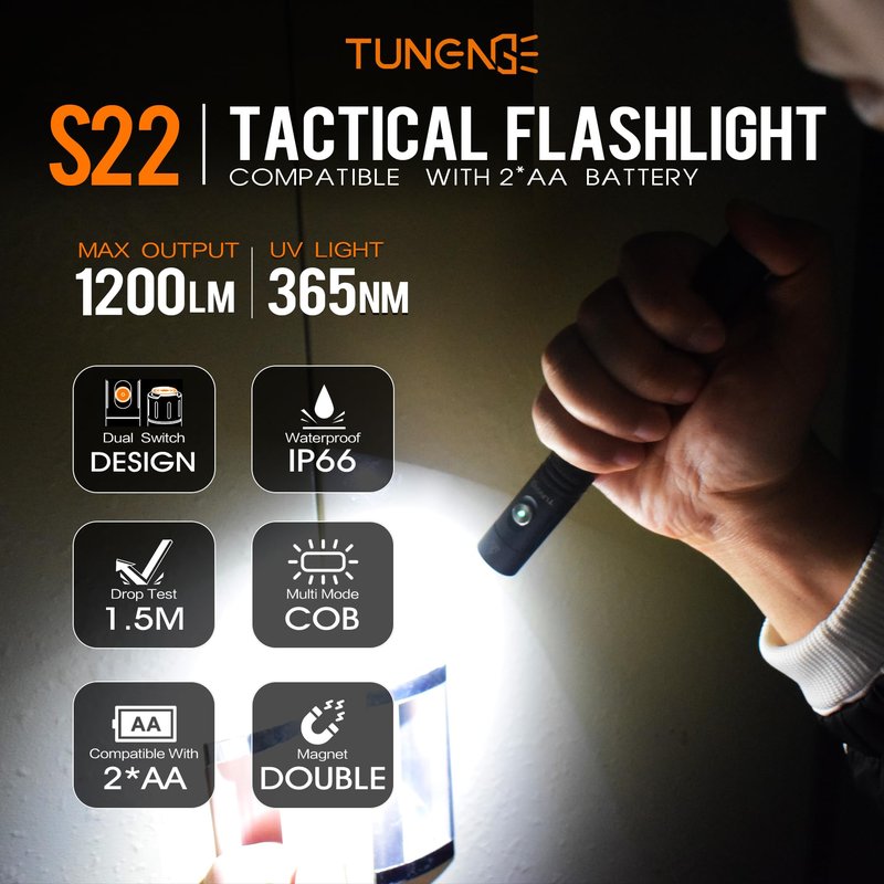 TUNENGE S22 1200 Lumens EDC Tactical Flashlight, Rechargeable 2AA Pen Light with COB Side Light & 365nm UV, 11 Modes, Magnetic Tail, Dual Switch for Camping,Home, Emergency