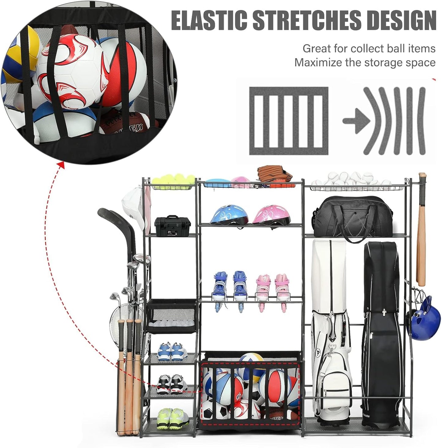 Skiennix Large Garage Sports Equipment Organizer - Upgraded Rack for Golf Bags & Balls | Indoor/Outdoor Storage Solution