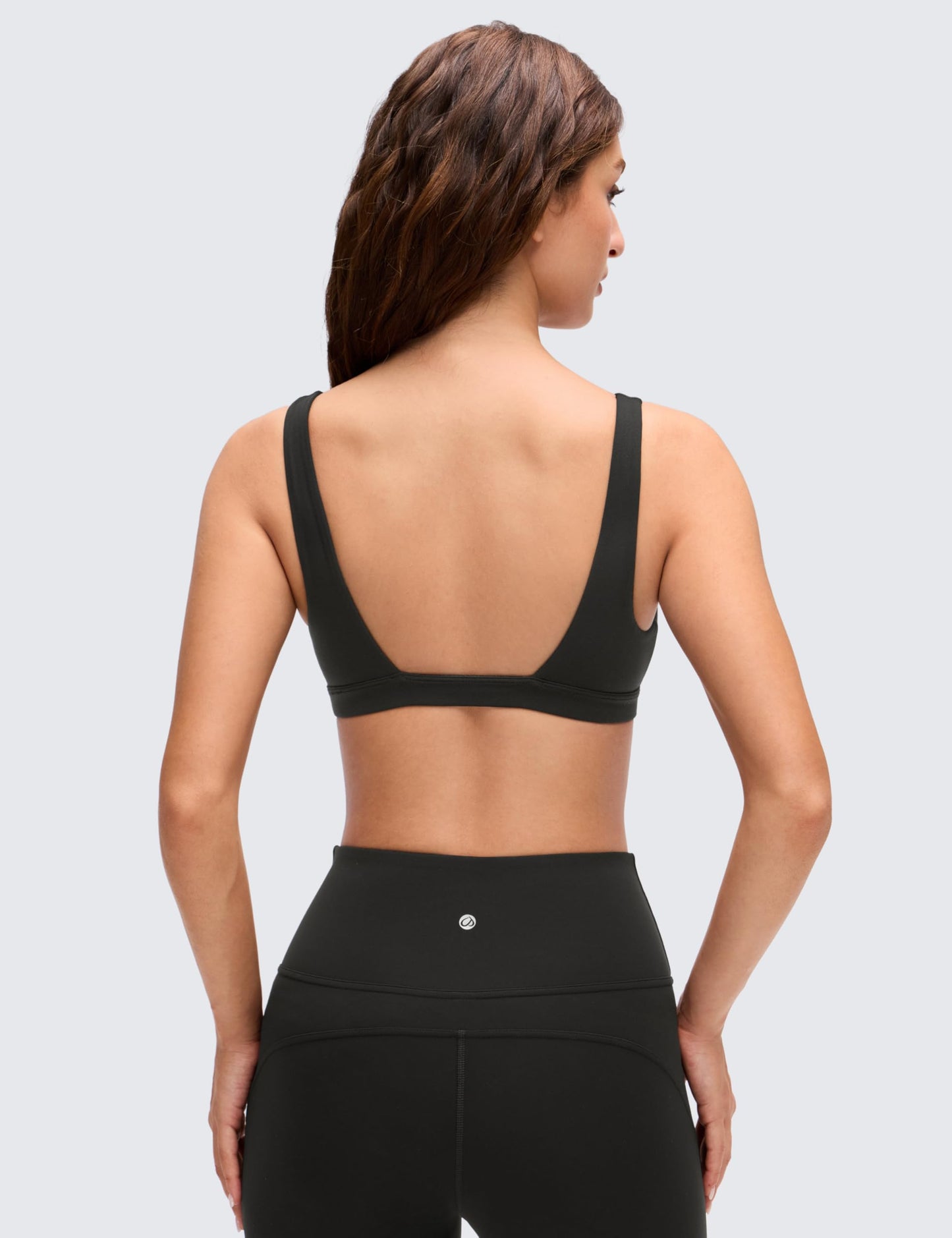 CRZ YOGA Butterluxe Soft Double Lined Deep V Neck Sports Bras for Women - Open Back Yoga Crop Top Casual Non Padded Black Medium